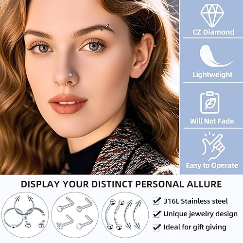 Miniatura 5 de Kit de 80 piercings de nariz joyería de acero inoxidable para piercing corporal con agujas de 12G, 14G, 16G, 20G para orejas, nariz, labios, cejas