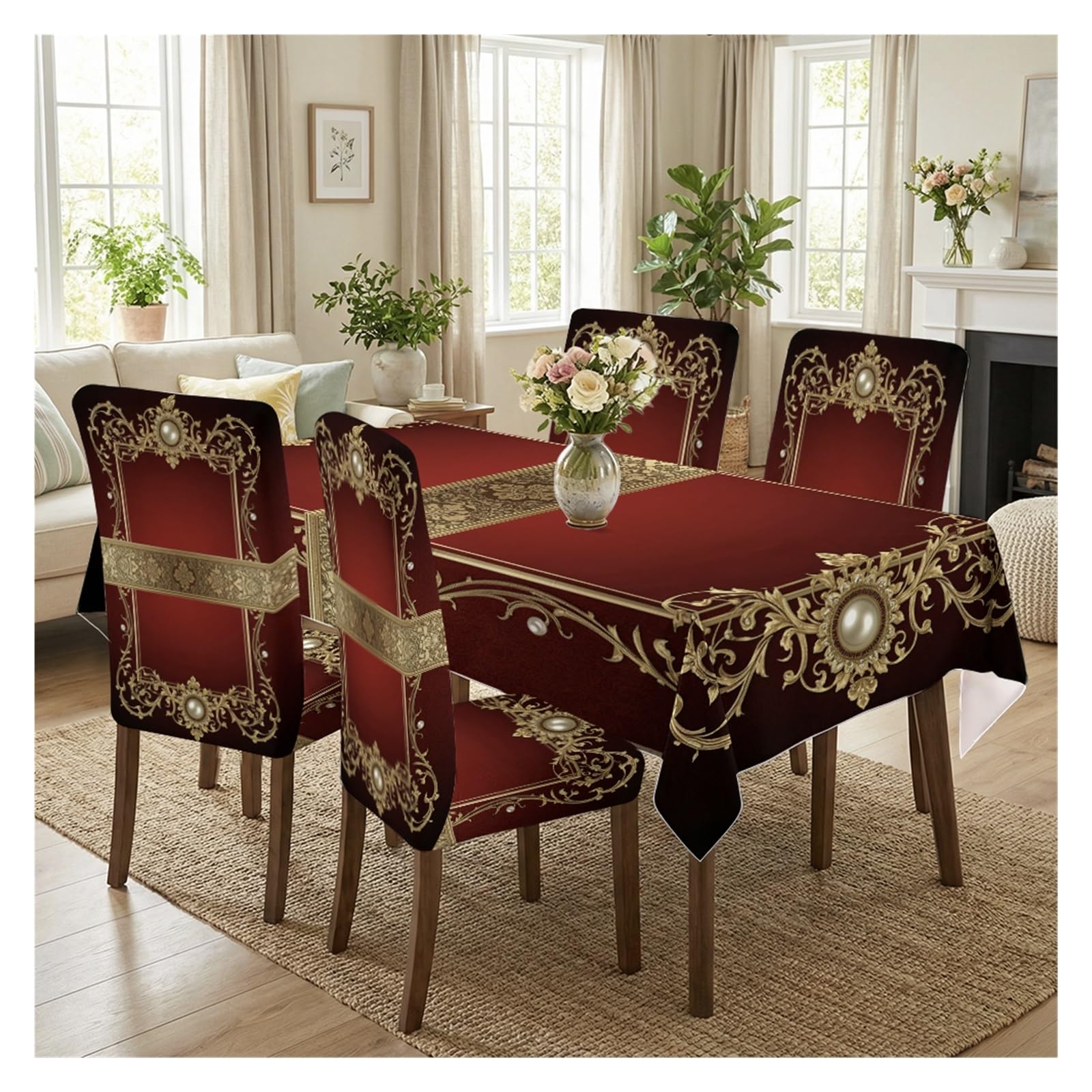 BOSUYBN Luxury Baroque Dining Set Covers, 5/7 Piece Tablecloth And Chair Slipcovers In Red And Gold With Pearl Details For Elegant Interiors Table Setting(5pcs Set: Tablecloth+Chair Covers)