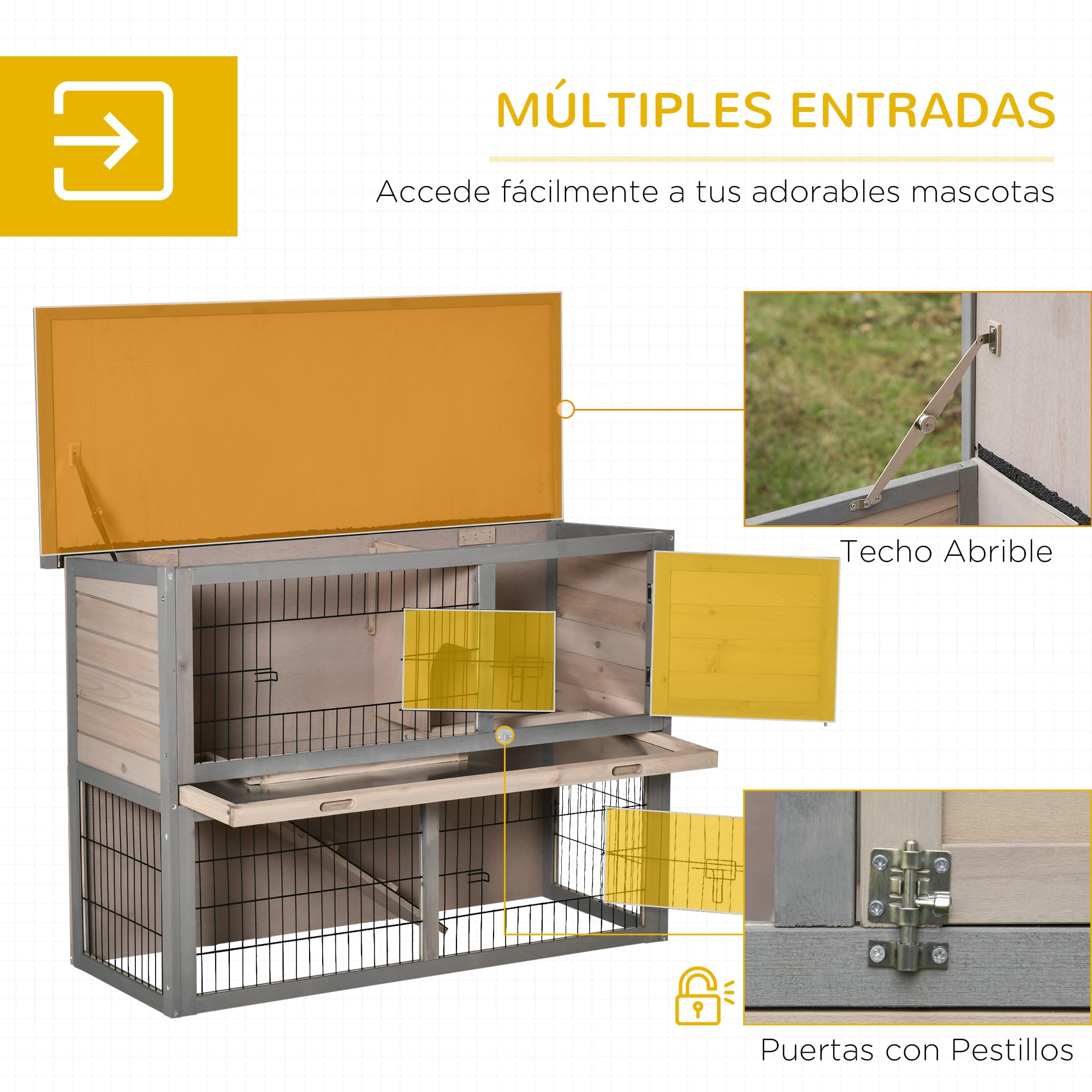 PawHut Conejera de Madera Exterior 108x45x78 cm Jaula para 2 Conejos con Corral Metálico 2 Puertas con Pestillos Techo Asfáltico Abrible Bandeja Extraíble Rampa Gris