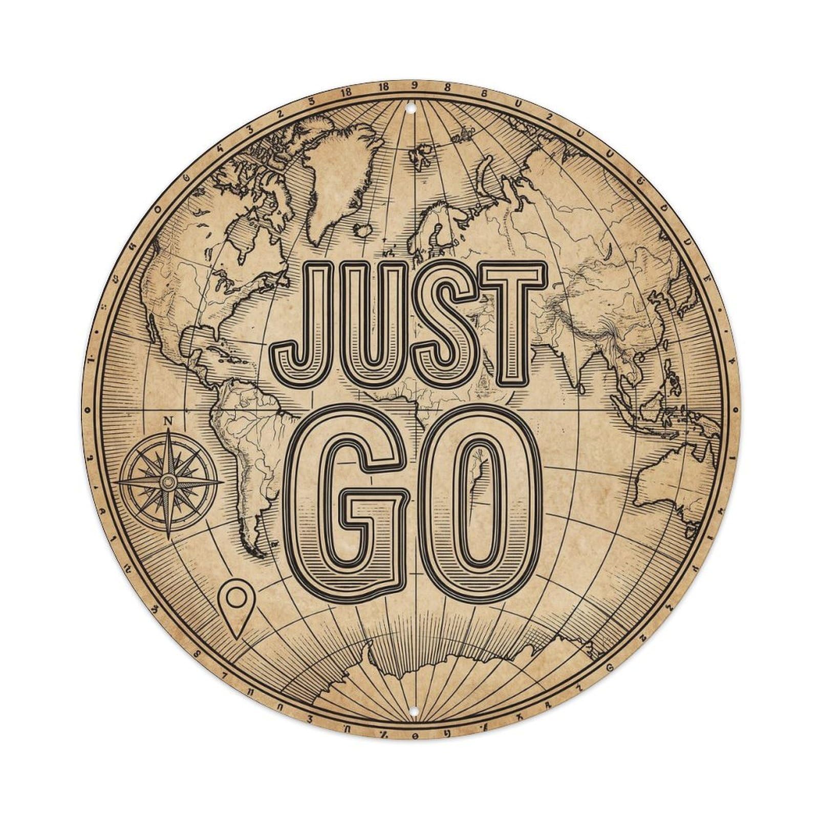 Vintage World Map with Compass Just Go Daredevil Metal Tin Sign