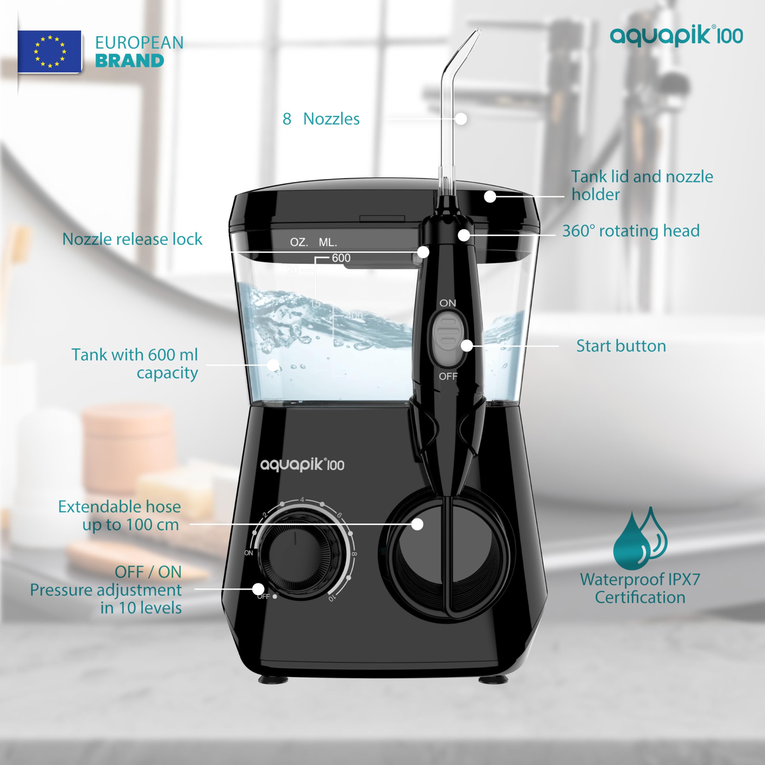 Aquapik100® profesjonalny waterflosser dentystyczny irygator do zębów głębokie czyszczenie 10 poziomów ciśnienia 8 dysz 600 ml do wrażliwych dziąseł ortodontycznych mostków implantów usuwa płytkę
