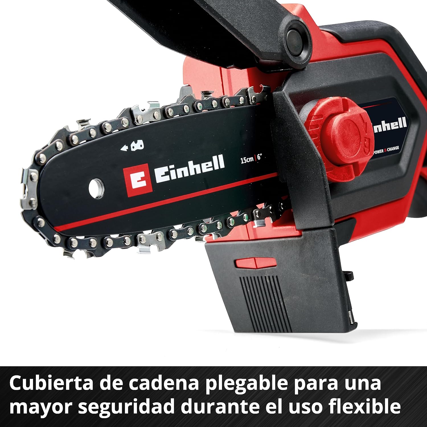 Close-up of the Einhell chainsaw showing the foldable chain cover for safety.