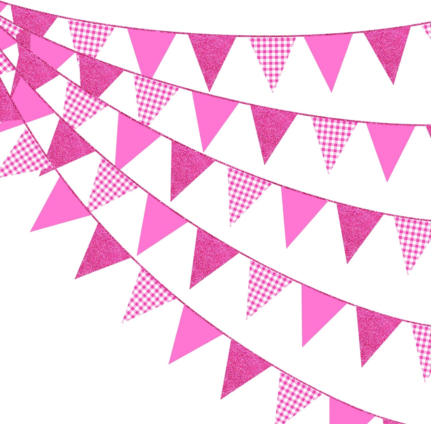 Hot Pink Buffalo Plaid Party Decorations Pennant Banner Flag Hot Pink Glitter Paper Triangle Hanging Bunting for Birthday Bachelorette Baby Shower Anniversary Wedding Bridal Shower Hen Party Supplies