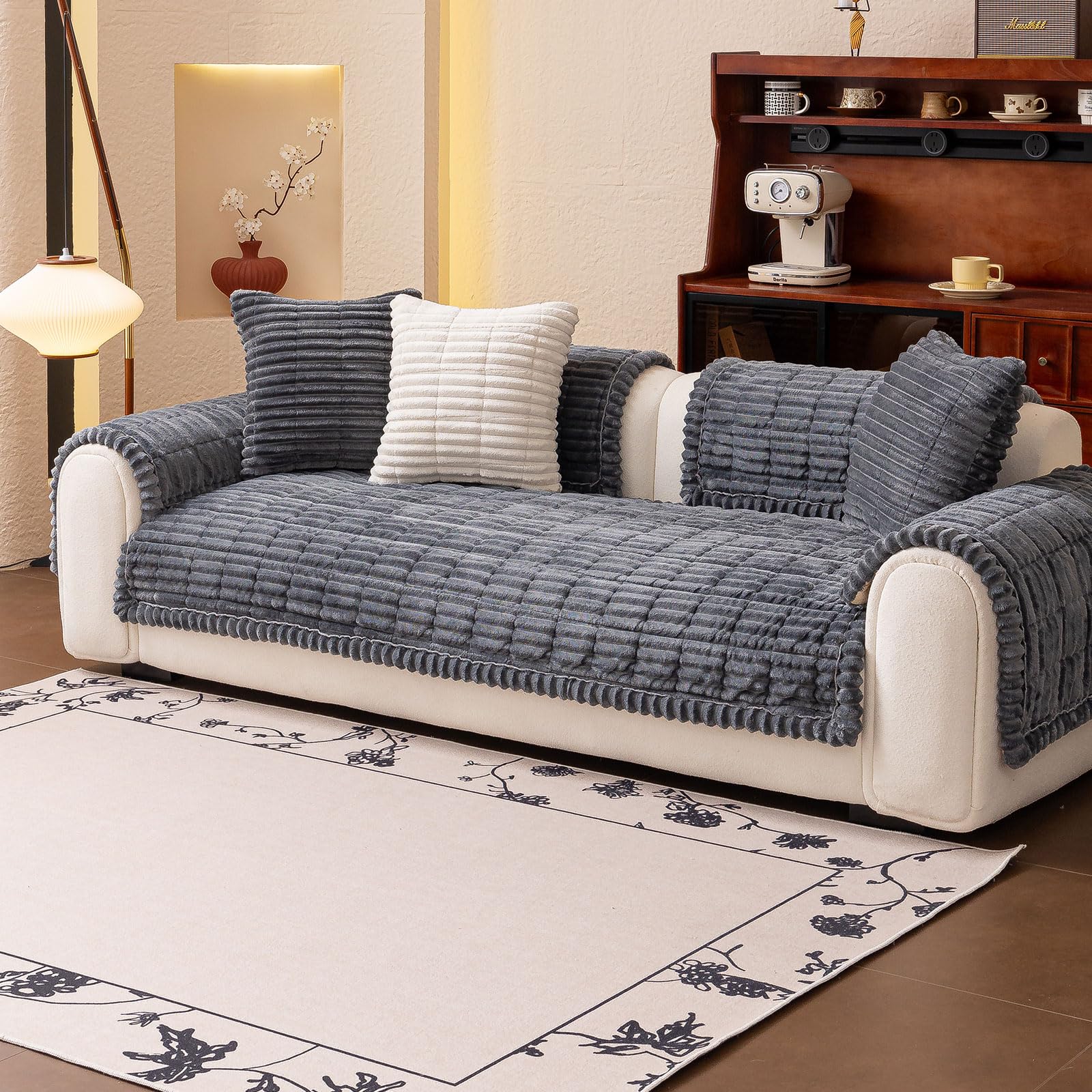jianyana Sofa Covers - Soft Thick Plaid Cushion Corduroy Anti-slip Durable Universal Couch Slipcovers Washable Furniture Protector for 1 2 3 4 Seater Sofa Loveseat L-shape Corner Futon Sofas