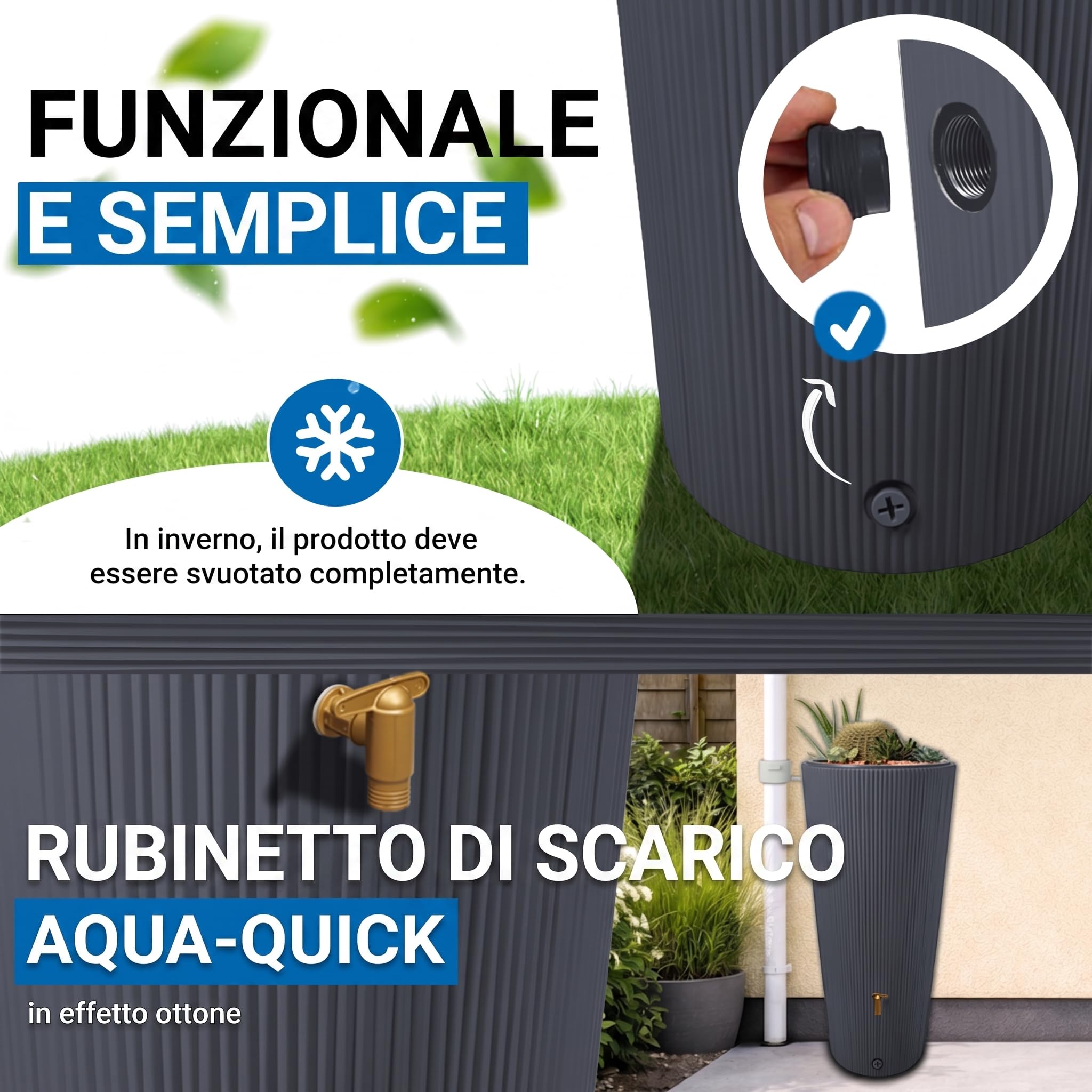 4rain VASO 2in1 DECOR serbatoio per pioggia 220 litri grigio grafite incl. rubinetto in plastica e raccordo pluviale - raccolta acqua piovana - vaso decorativo da giardino - per spazi esterni moderni