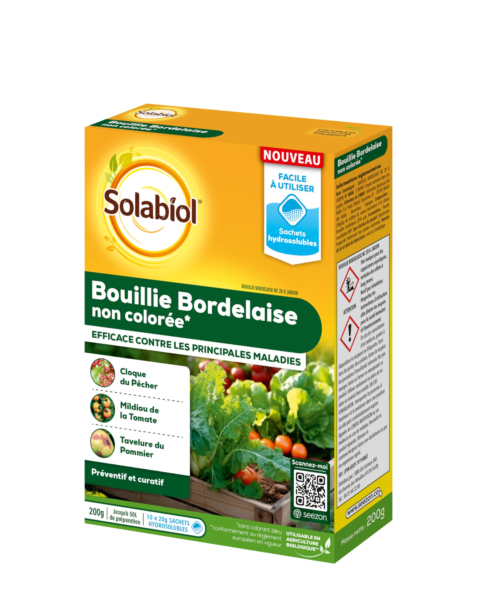 SOLABIOL Bouillie Bordelaise - Sachets Hydrosolubles - 50L de Solution 200g | Fongicide Polyvalent - Préventif - Mildiou, Tavelure, Cloque du Pêcher - Non Colorée - SOBOU200S