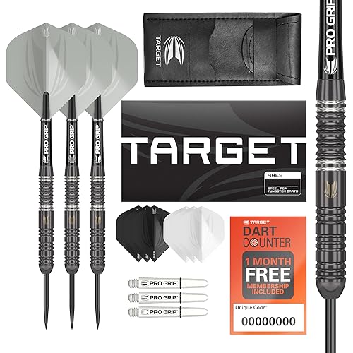 TARGET Darts Ares Tungsten Steel Tip Darts Set - 6 Pro Grip Shafts - 9 Pro Ultra Flights – Dart Wallet - Dart Counter App Coupon Bundle