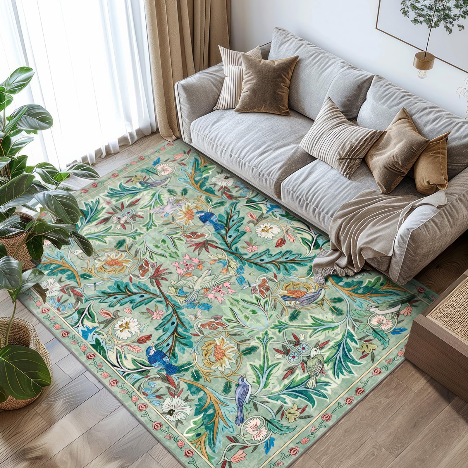 TUKDAK Washable Area Rug for Living Room Green 160×230cm, Boho Soft Bedroom Rug Non-shedding Non-slip, Short Pile Animal Floor Carpet for Kitchen Office Bathroom Kids Nursery Room — image 1