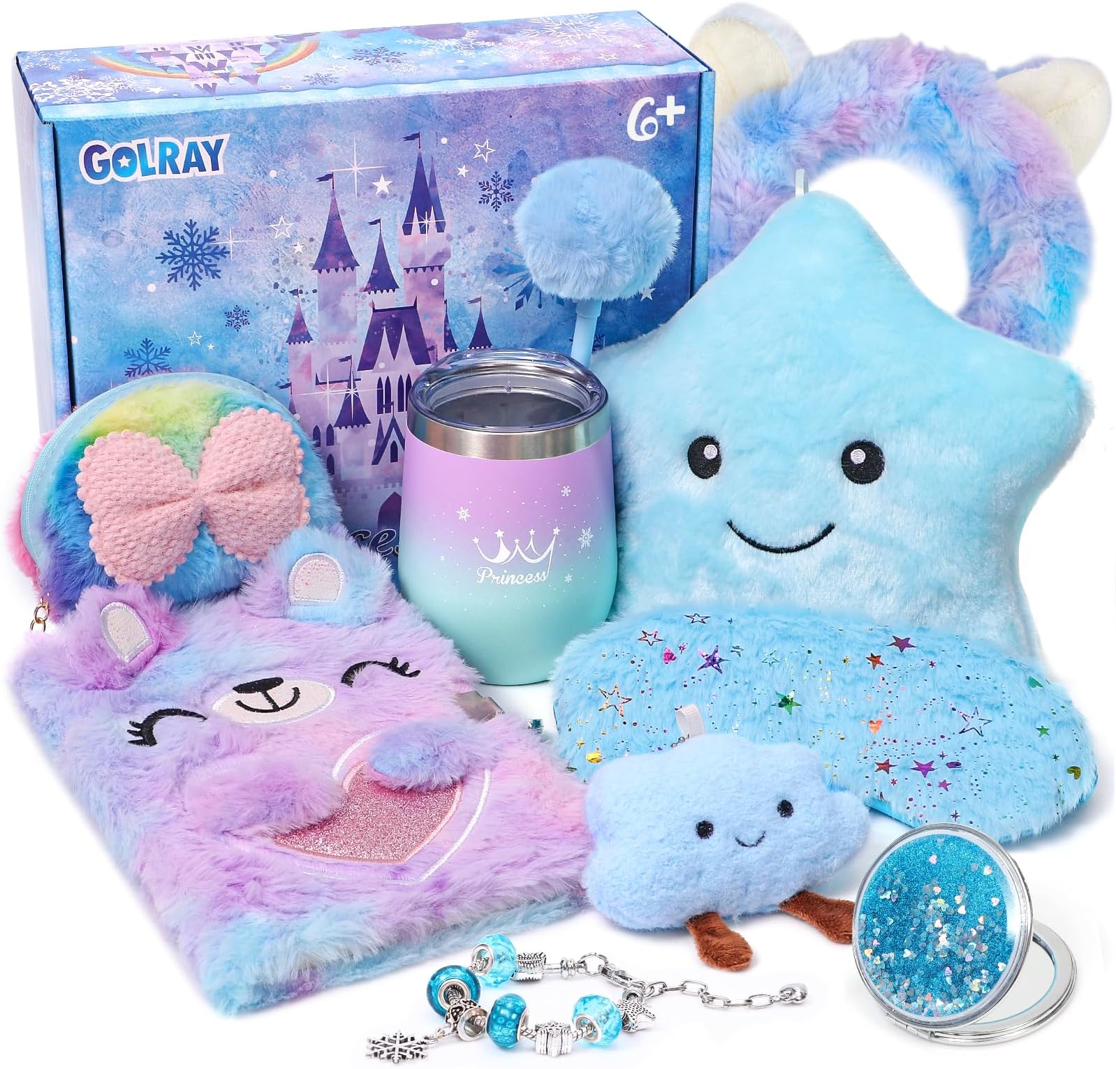 Golray Frozen Toys for Girls Kids Elsa Gift 6 7 8 9 10 Years Old, Light Up Pillow Stationery Plush Lock Diary Water Cup Fluffy Accessories Teen Princess Toy Christmas Birthday Gift for Girl Age 6+