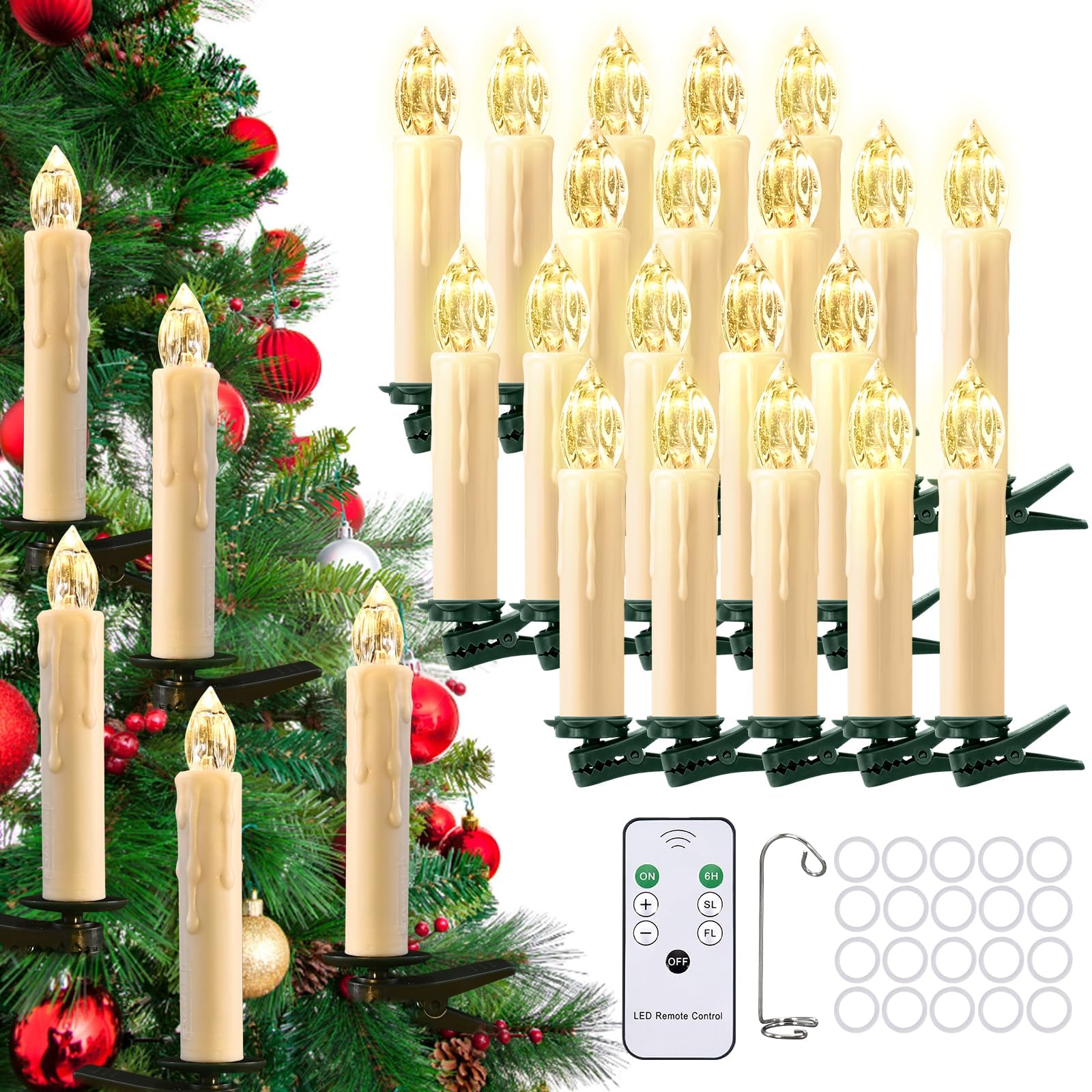 cimetech 20 velas inalámbricas para árbol de Navidad, velas flotantes, luces para árbol de Navidad, luz blanca cálida, decoración navideña con mando a distancia, temporizador, 1,5 x 8 cm