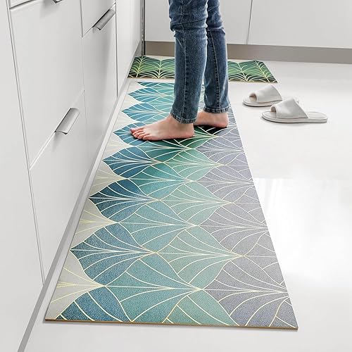 Miniatura 2 de Tapete de cocina de hojas abstractas verdes, bonito tapete antideslizante de PVC, antideslizante, antifatiga, cómodo, triángulos, rombos,