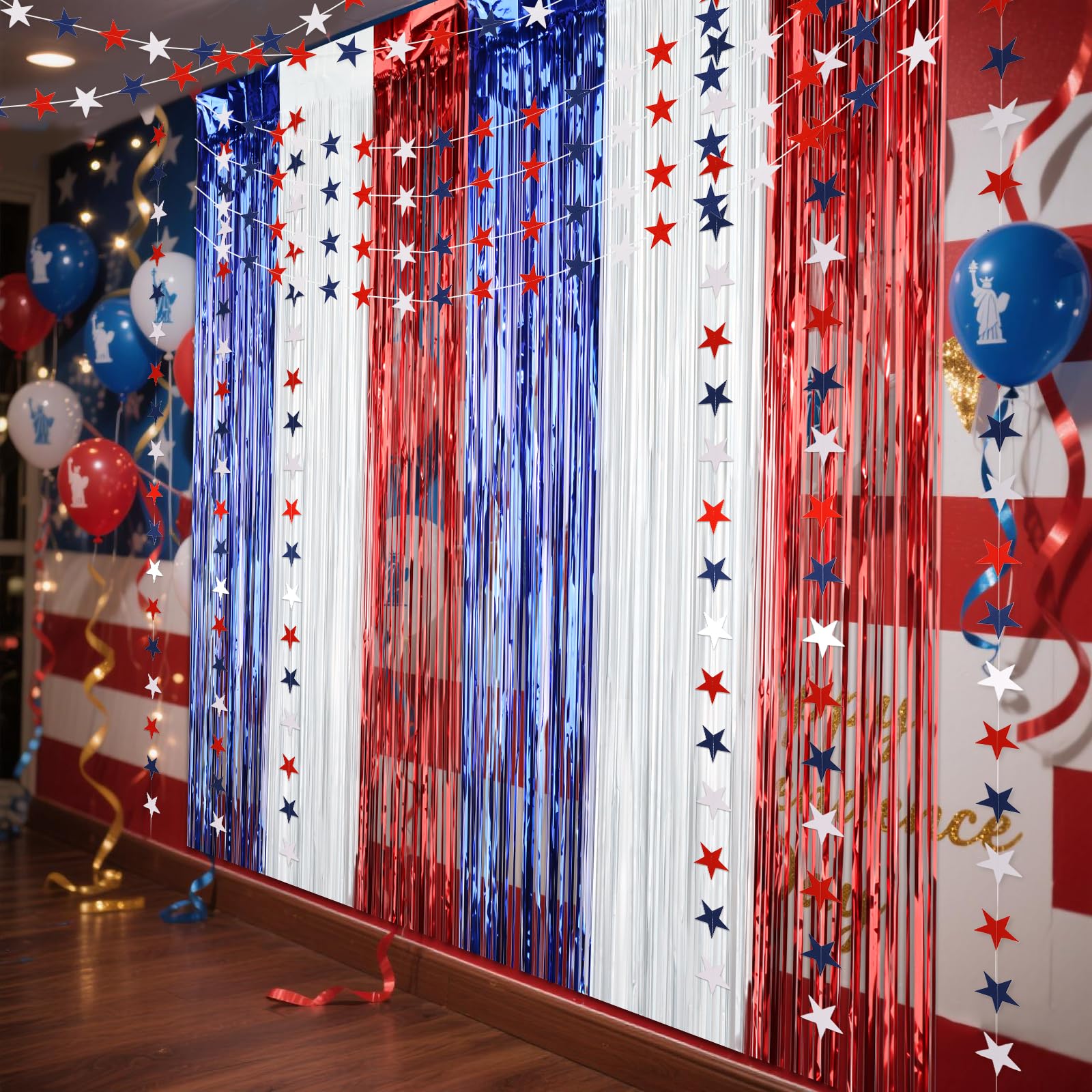 CIEHER 10PCS 4th of July Decorations Set - 8 Pack Star Streamers Banner Garland & 2 Pack Tinsel Foil Fringe Curtains - July 4th Decor