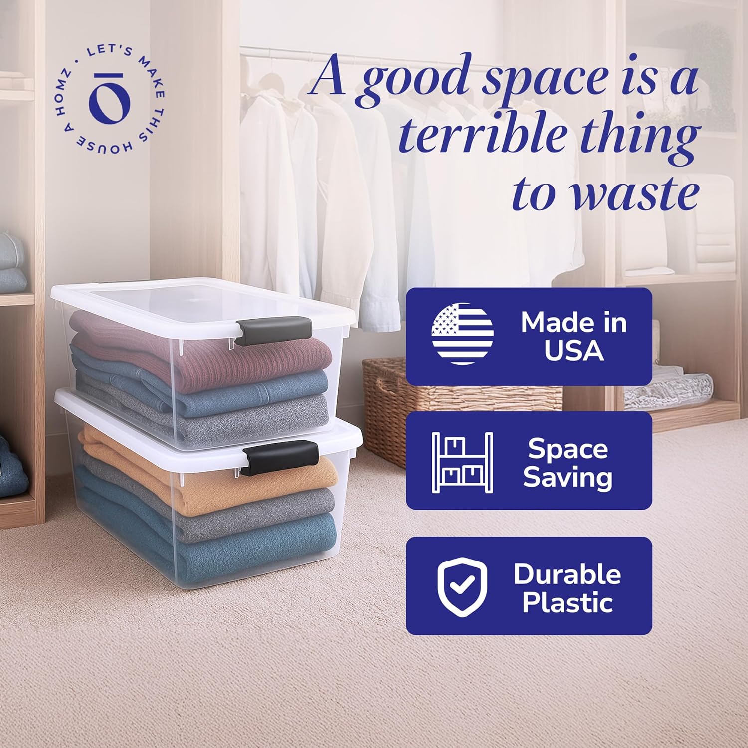 HOMZ 4-Pack Secure Latch, Clear Plastic Storage Organizer Bins, 64 Quart, Gray Latches - Stackable Container Boxes for Bedroom, Bathroom, Garage, and Office Organization