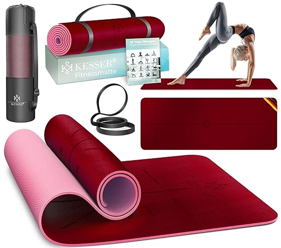 KESSER® Gymnastikmatte mit Tragegurt rutschfest TPE Yogamatte Gepolstert & rutschfest Fitnessmatte, 183 x 61 Trainingsmatte für Fitness Sportmatte, Pilates & Gymnastik Workout - Bordeaux