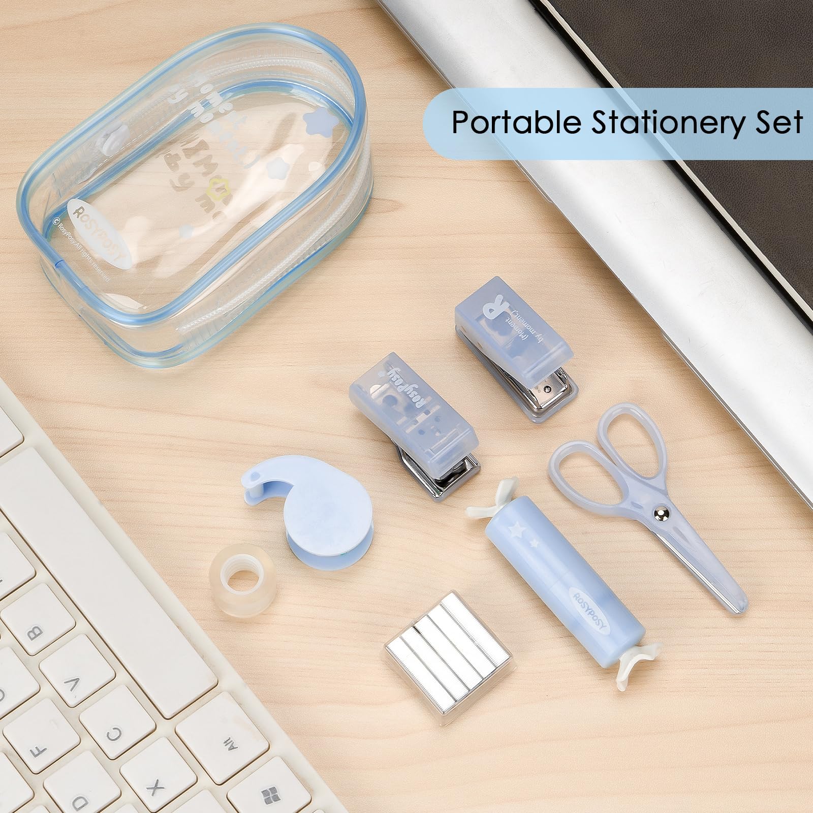 7-teiliges Bürobedarf-Set – Mini-Größe für Portabilität, Set für bequeme und effiziente Büroarbeit, Schulanfang, Mini-Schreibwaren-Organizer-Set: kompakte Schere, Locher, tragbar