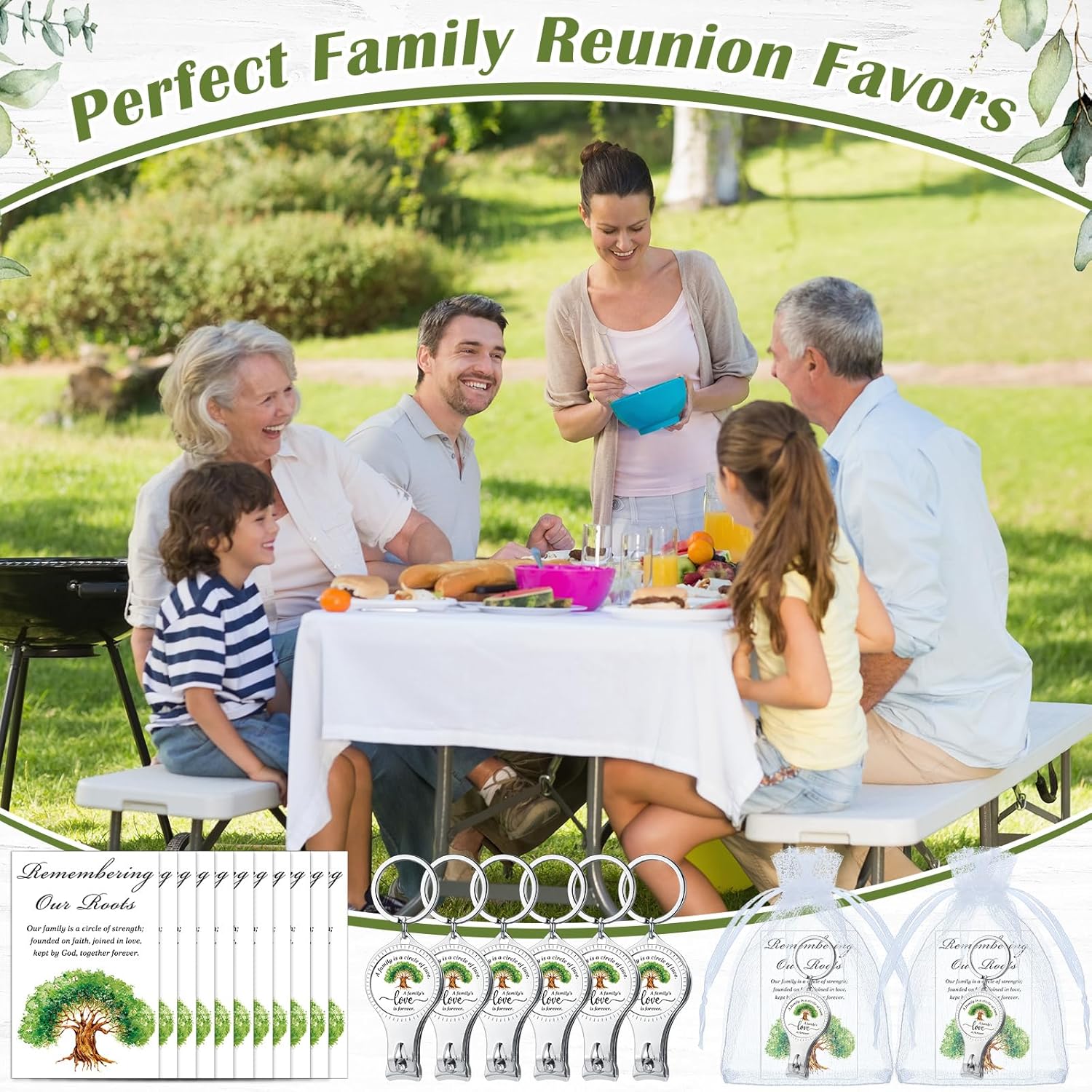 Lasnten 60 Sets Family Reunion Favors Keychain Bottle Openers Bulk Family Reunion Gifts Tree Keychains with Remembering Our Roots Cards for Home Gathering Easter Wedding Party Supplies Decorations
