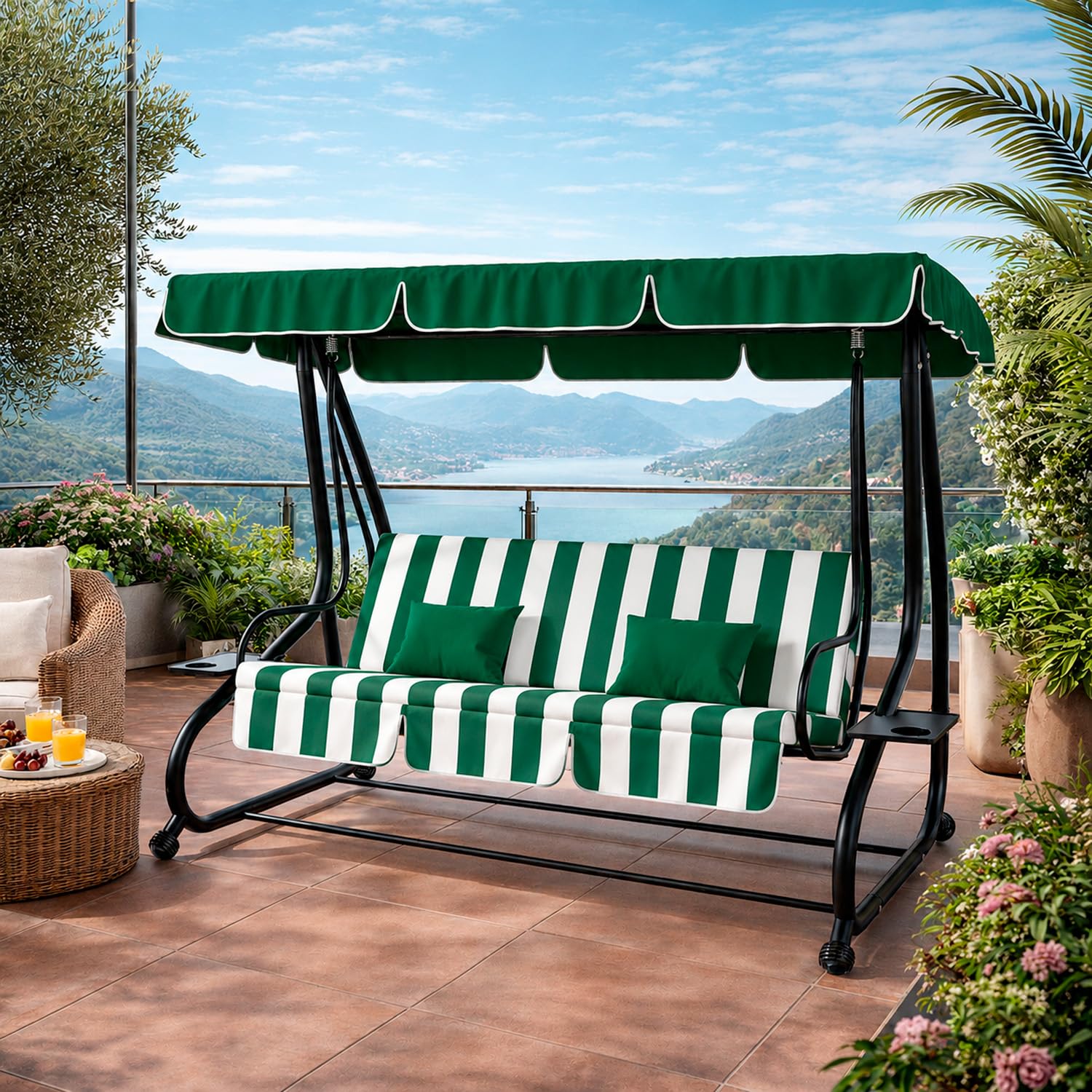 Dondolo Altalena 3 Posti Reclinabile Con Copertura Parasole Orientabile Trasformabile In Letto Telaio Resistente Per Giardino Terrazza Balcone Relax 200 x 120 x 160 Cm Verde E Bianco