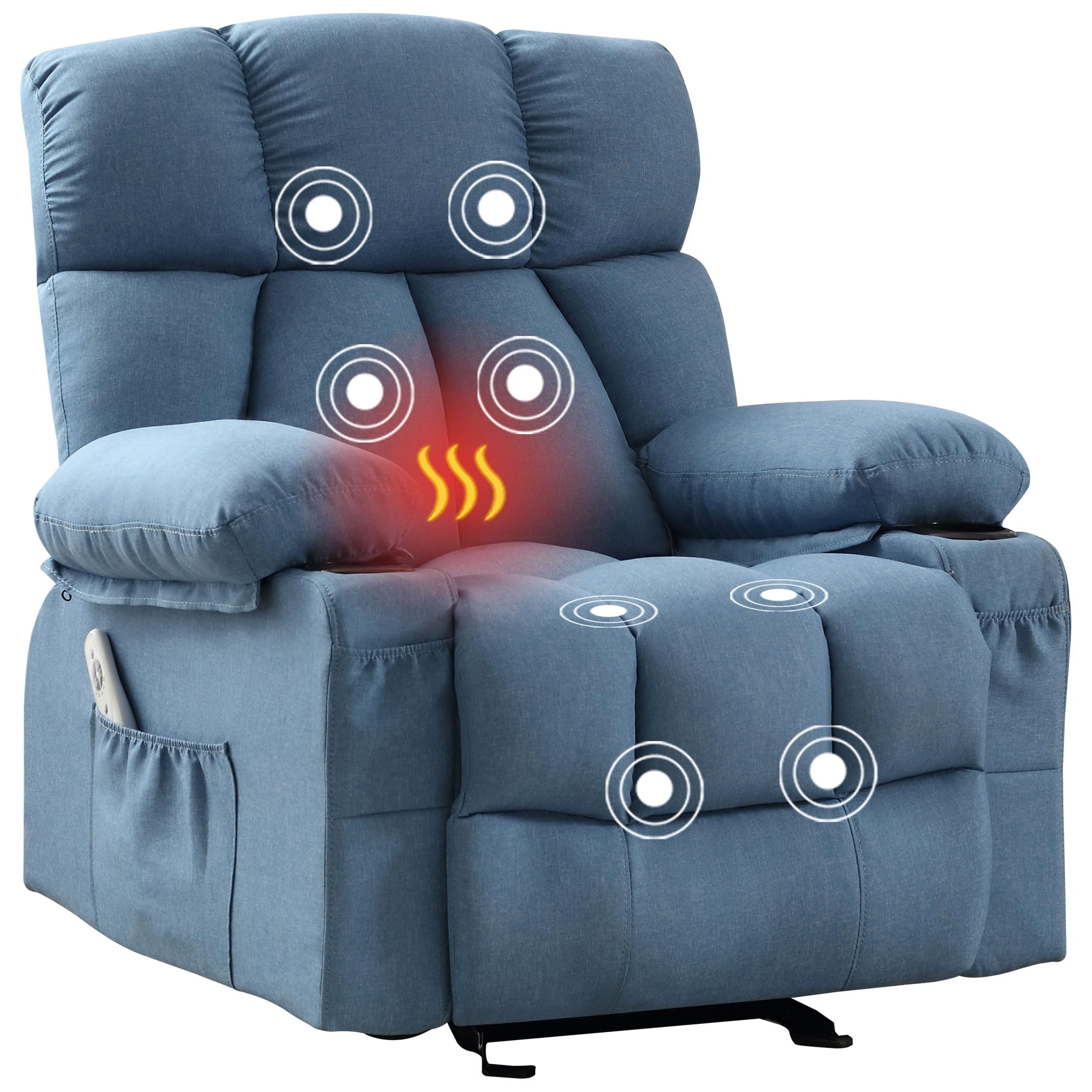 Massage Rocker Recliner Chair with Heat and Vibration Ergonomic Rocking Lounge Chair for Living Room Comfy Overstuffed Recliner with 4 Side Pockets,2 Cup Holders, USB Charge Port, Blue(box 1 of 2)