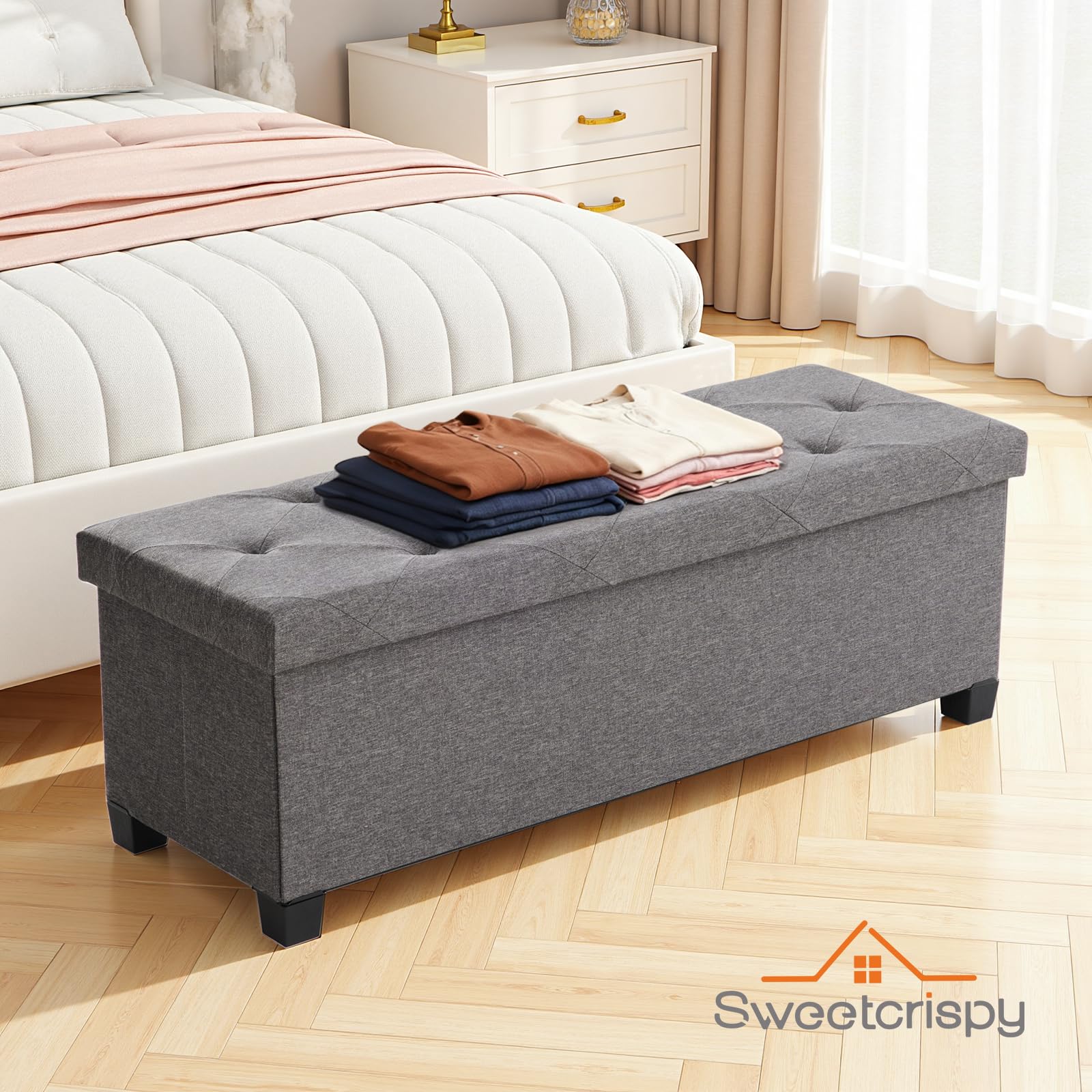 Sweetcrispy Panca con vano portaoggetti, panca con gambe, 110 x 38 x 38 cm, pieghevole, contenitore con coperchio, portata fino a 300 kg, per soggiorno, camera da letto, corridoio, grigio scuro