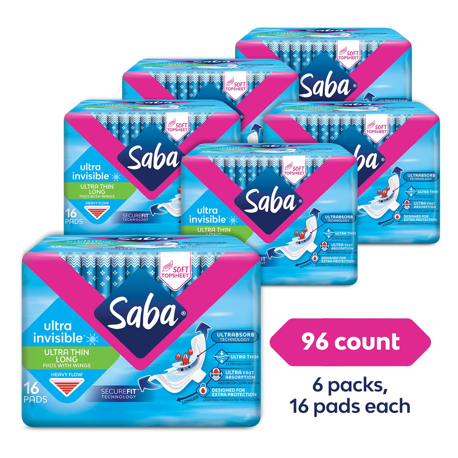 Saba Almohadillas largas ultra invisibles ultrafinas con alas, almohadillas discretas y transpirables para mujer, ajuste perfecto para todo tipo de cuerpo y estilos de ropa interior, 96 unidades (6