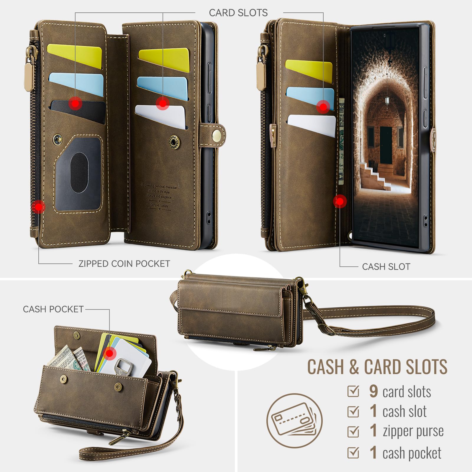 Asuwish Custodia a portafoglio per Samsung Galaxy S24 5G, marrone