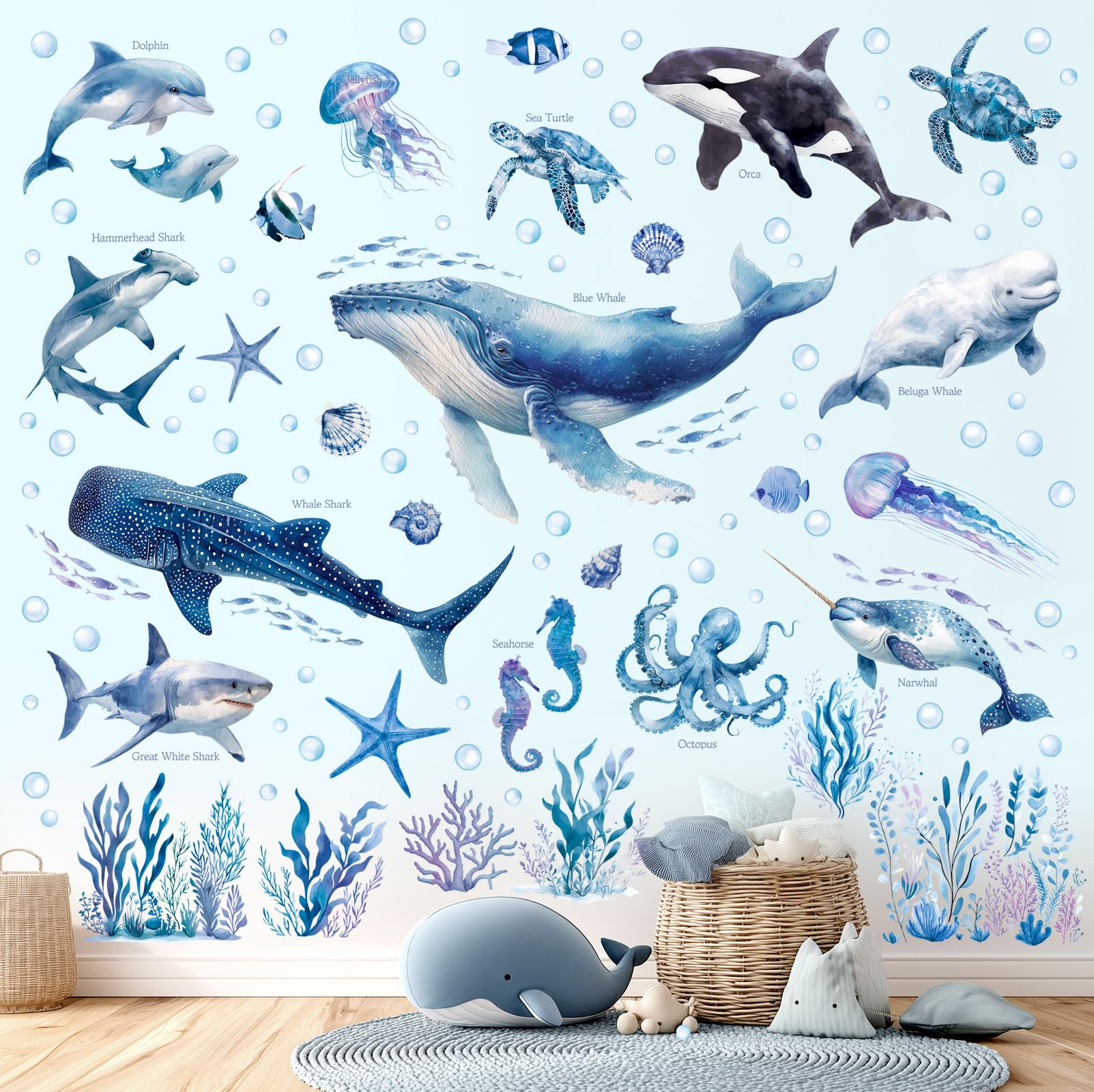 Decowall Boys Sea Creature Ocean Animals Wall Stickers – Watercolour Whale Shark Dolphin Sea Life Decals For Kids Bedroom, Nursery & Playroom – Removable Educational Wall Art (Sg2-2518)
