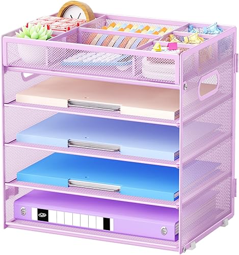 Miniatura 8 de Marbrasse Bandeja organizadora de papel, organizador de archivos de malla de 5 niveles con asa, organizador de escritorio clasificador de papel