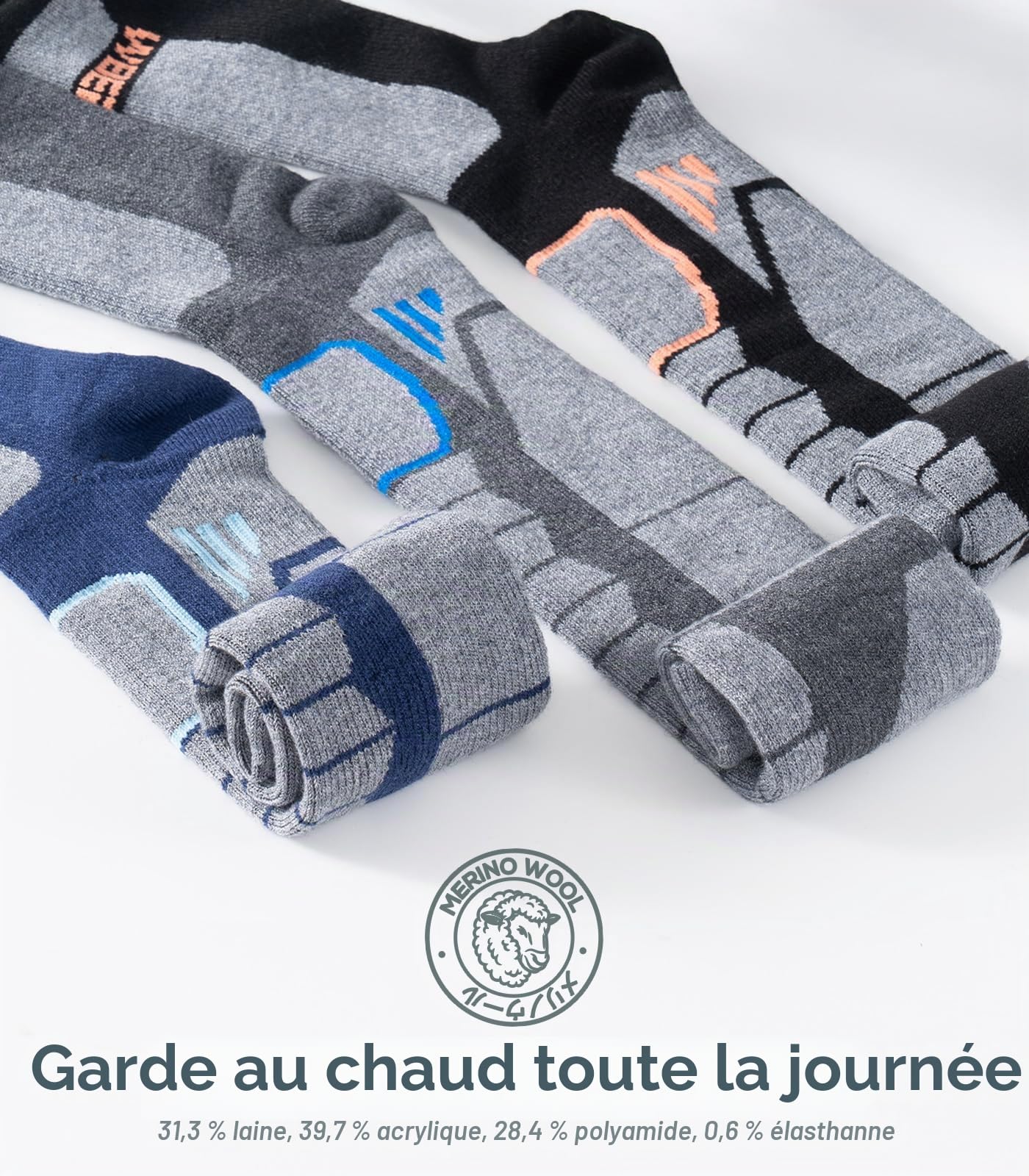 Chaussettes de Ski Homme - Chaussettes de Ski en Mérinos,Respirantes et Confortables,Idéales pour Ski,Snowboard et Sports d'Hiver,Gris（45-48） 2 Paires