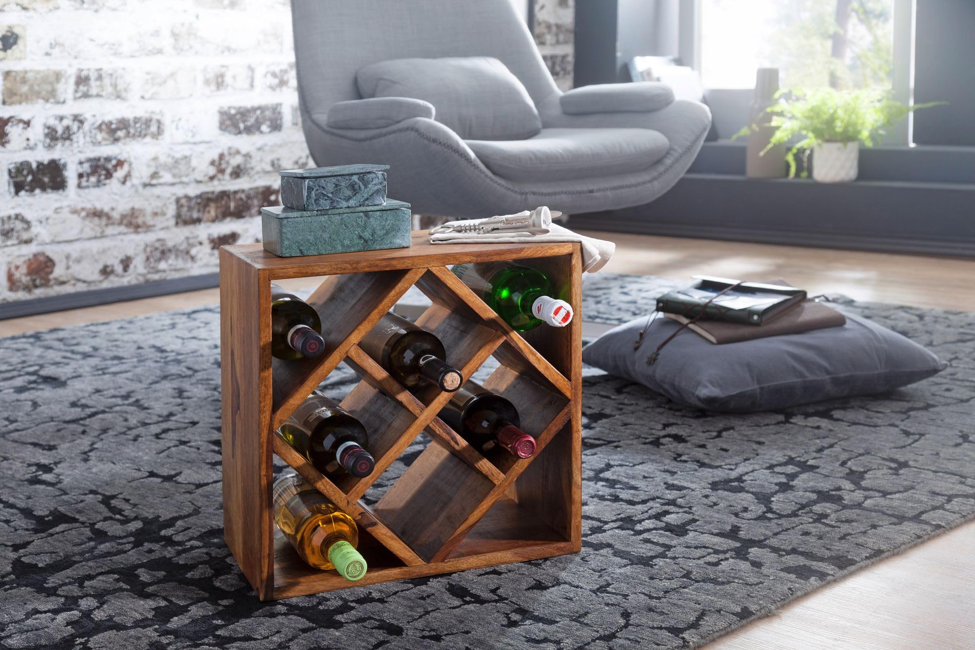 FineBuy Weinregal 40x25x40 cm Massivholz Braun für 8 Flaschen | kleines Flaschenregal stehend für die Küche, Standregal schmal, Weinhalter handgefertigt, Unikat