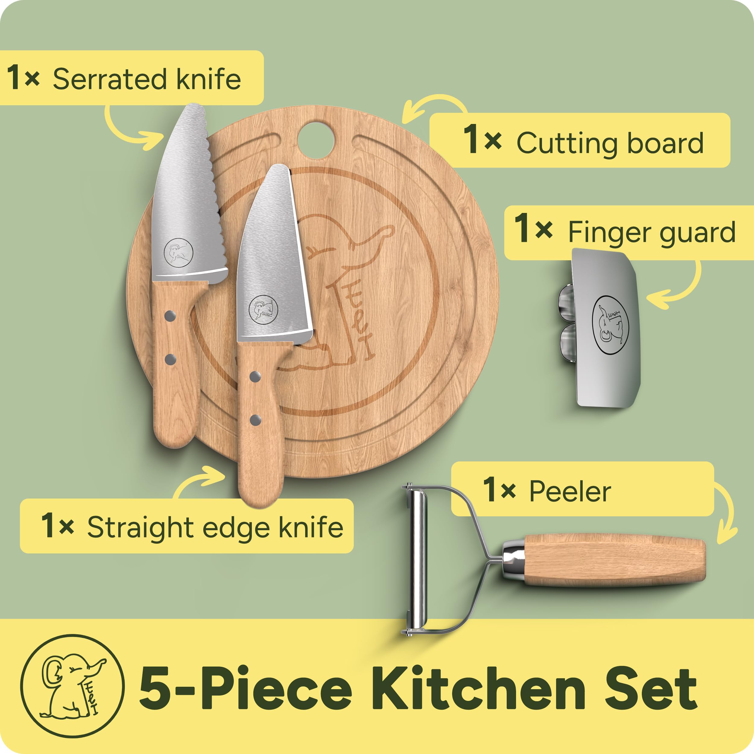 Eli® Cuchillos para niños - juego de cuchillos de cocina para niños seguro y de 5 piezas - incluye protector de dedos - pelador - tabla de cortar - acero inoxidable