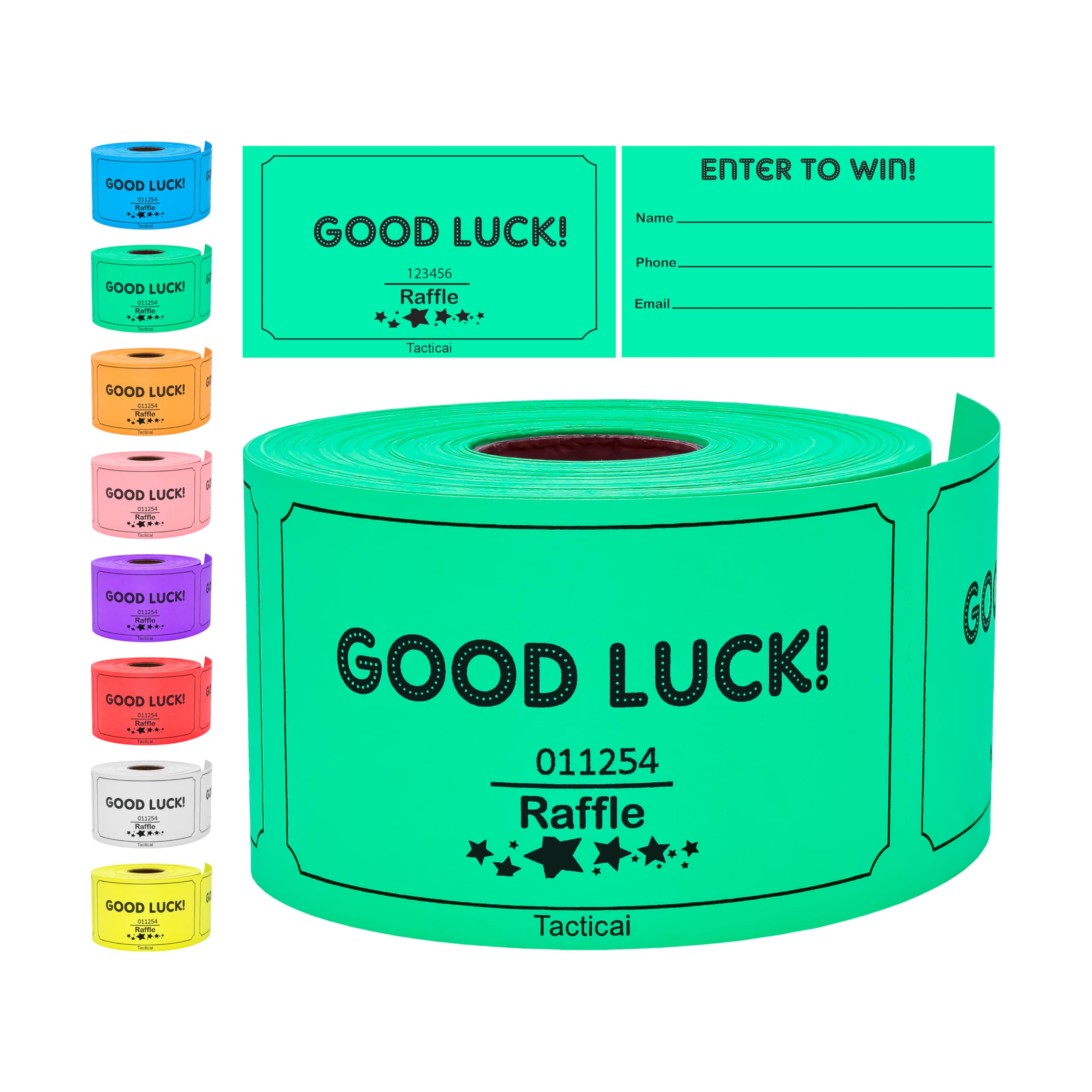 Tacticai 250 Raffle Tickets, Green (1 of 8 Colors), Raffle Cards, Entry Form with Name, Phone & Email for Events, Fundraiser & Prizes