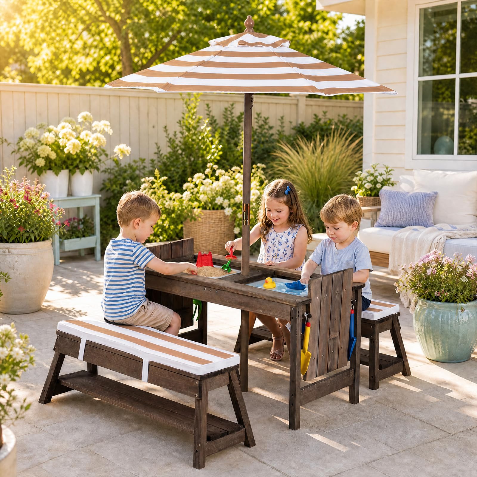 LIFEZEAL 3 in 1 Tavolo da Picnic per Attività con Acqua e Sabbia (Cachi) | Set con Tavolo e Panche per Bambini con Ombrellone Rimovibile e Regolabile, Piano Rimovibile, 2 Scatole da Gioco, per 3+ Anni