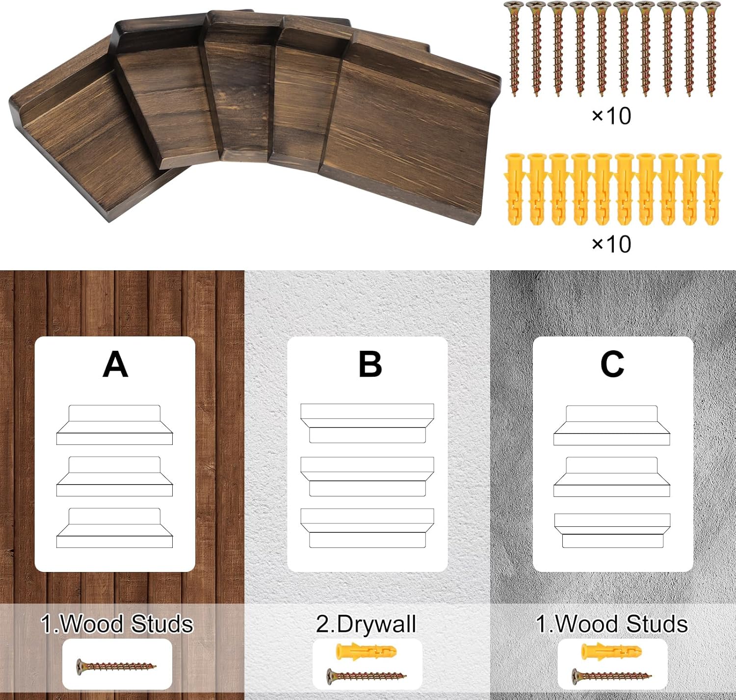 Novabright 5 Pack Small Floating Shelves Mini Shelves Hanging Display 5 Inch Wood Wall Shelf for Plant Bathroom Livingroom Bedroom with 2 Types of Installation Nursery Decor(Brown)