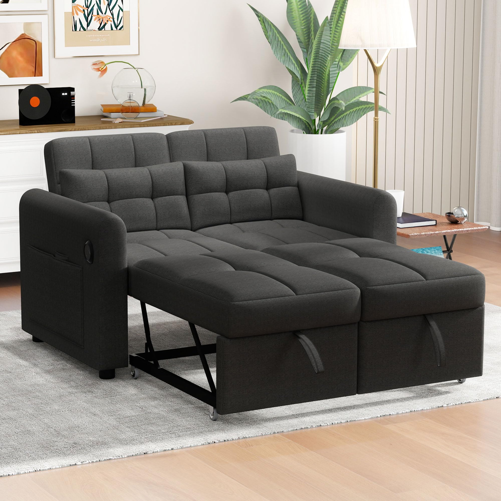 Lcoho Modernes Design: Loveseat-Sofa, 3-in-1-Ausziehsofa mit Verstellbarer Rückenlehne, USB, Armlehnentaschen und Kissen. Geeignet für Wohnzimmer, Schlafzimmer, Wohnung usw. (Gray)