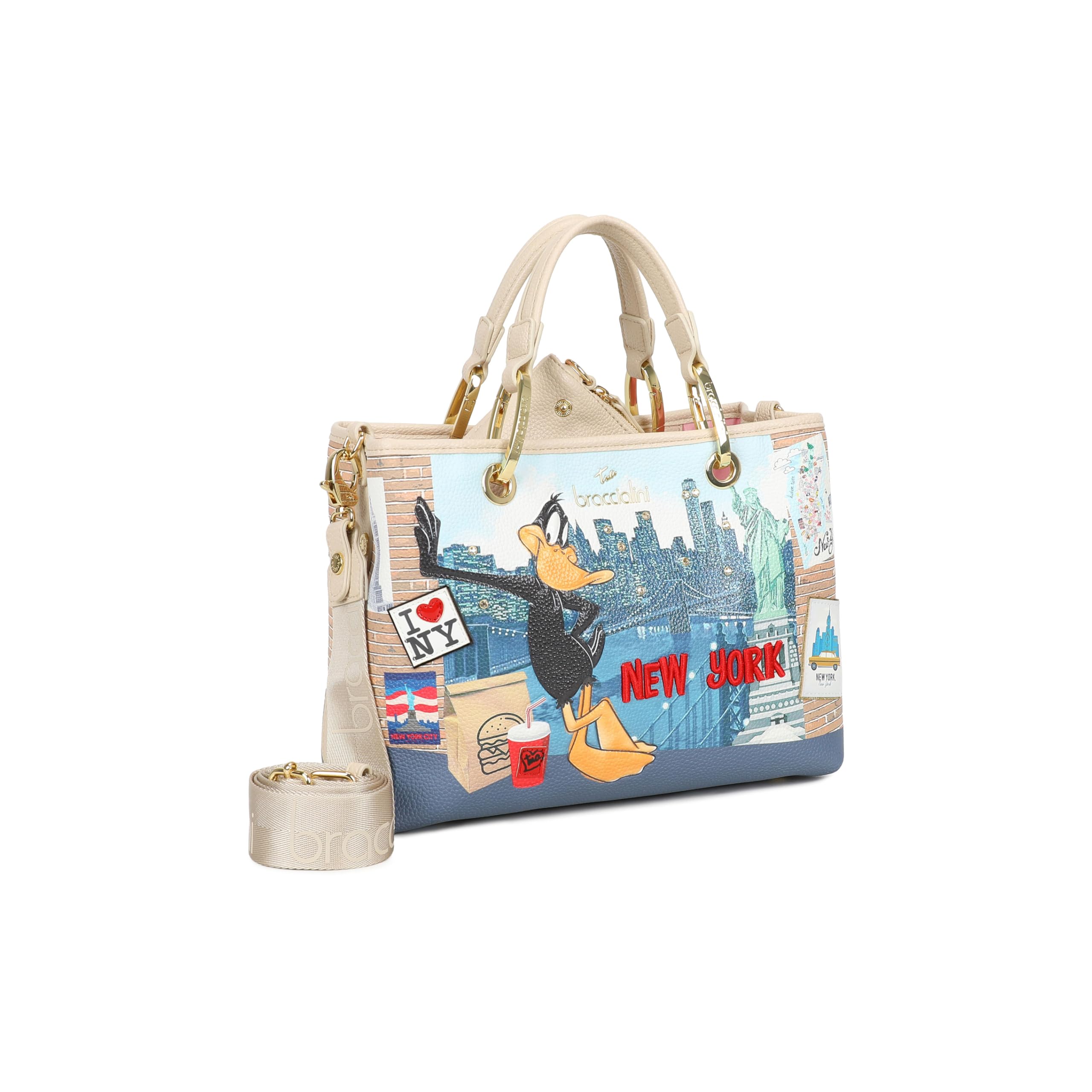 Braccialini Postales Lt Bolso de mano de piel sintética con asas dobles y correa ajustable y extraíble, para una doble portabilidad cómoda y versátil. El estampado vibrante inspirado en Nueva York