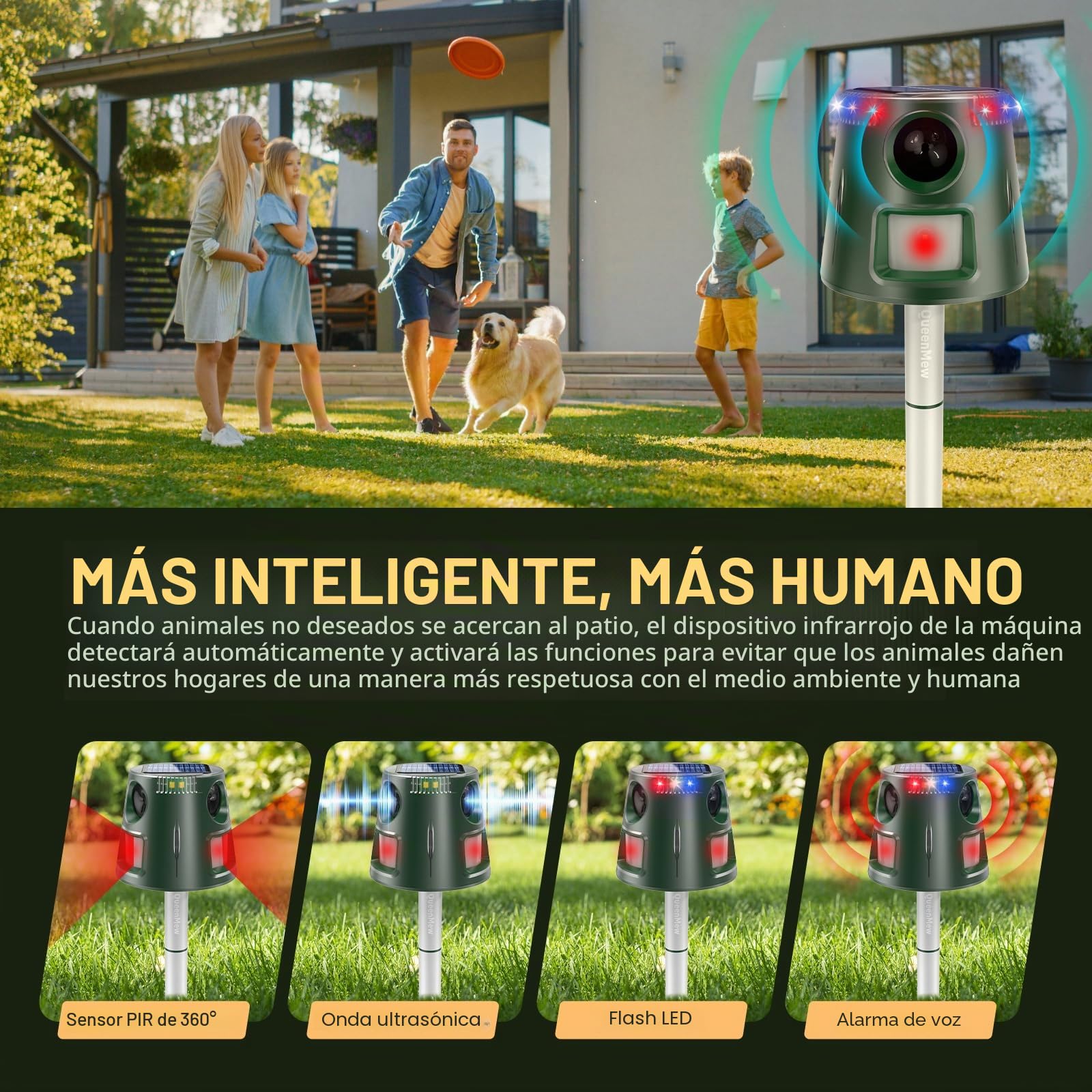 360° Solar Repelente Gatos, Ultrasónico Ahuyentador Pare Animales con Sensor de Movimiento y Luz Intermitente, 5 Modos Ahuyentador Impermeable para Exteriores para Ciervos Zorrillos Ardillas Conejos