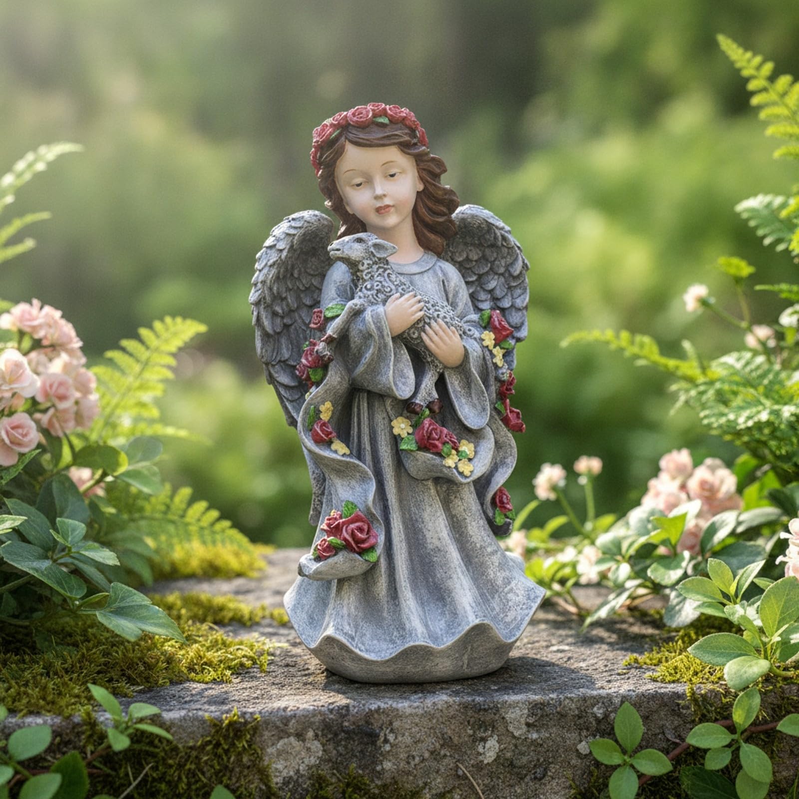Statua da Giardino Celestiale Compatto Angelo Decorativo in Resina Durevole Figurina Celestiale con Decorazioni Floreali per Aiuola, Agnello Angelo