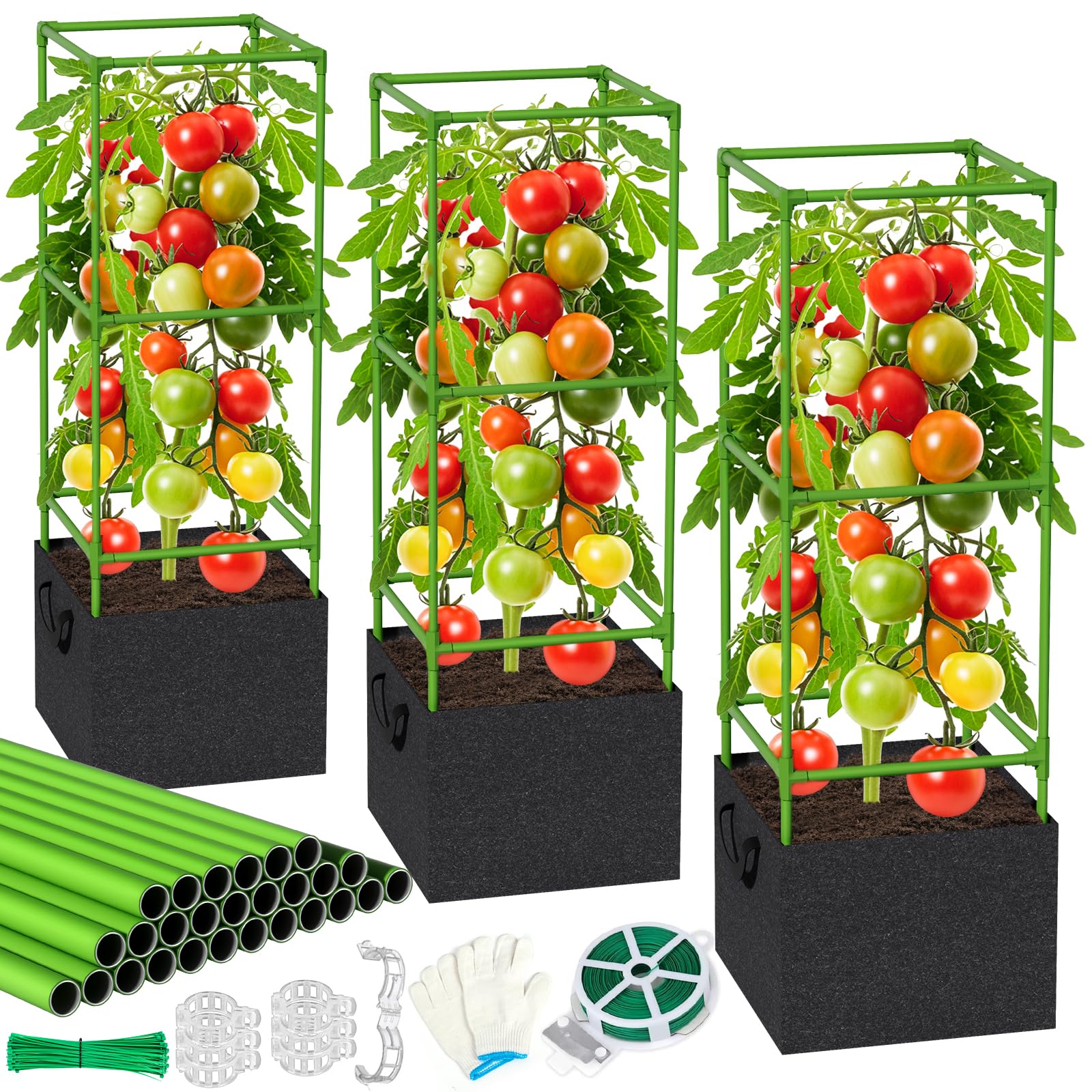 3 Pack Tomato Cages for Garden with Grow Bags, 3.7Ft Adjustable Square Tomato Plant Stakes & Trellis, Raised Garden Bed Support for Climbing Vegetables, Flowers & Fruits, Outdoor Gardening & Pots