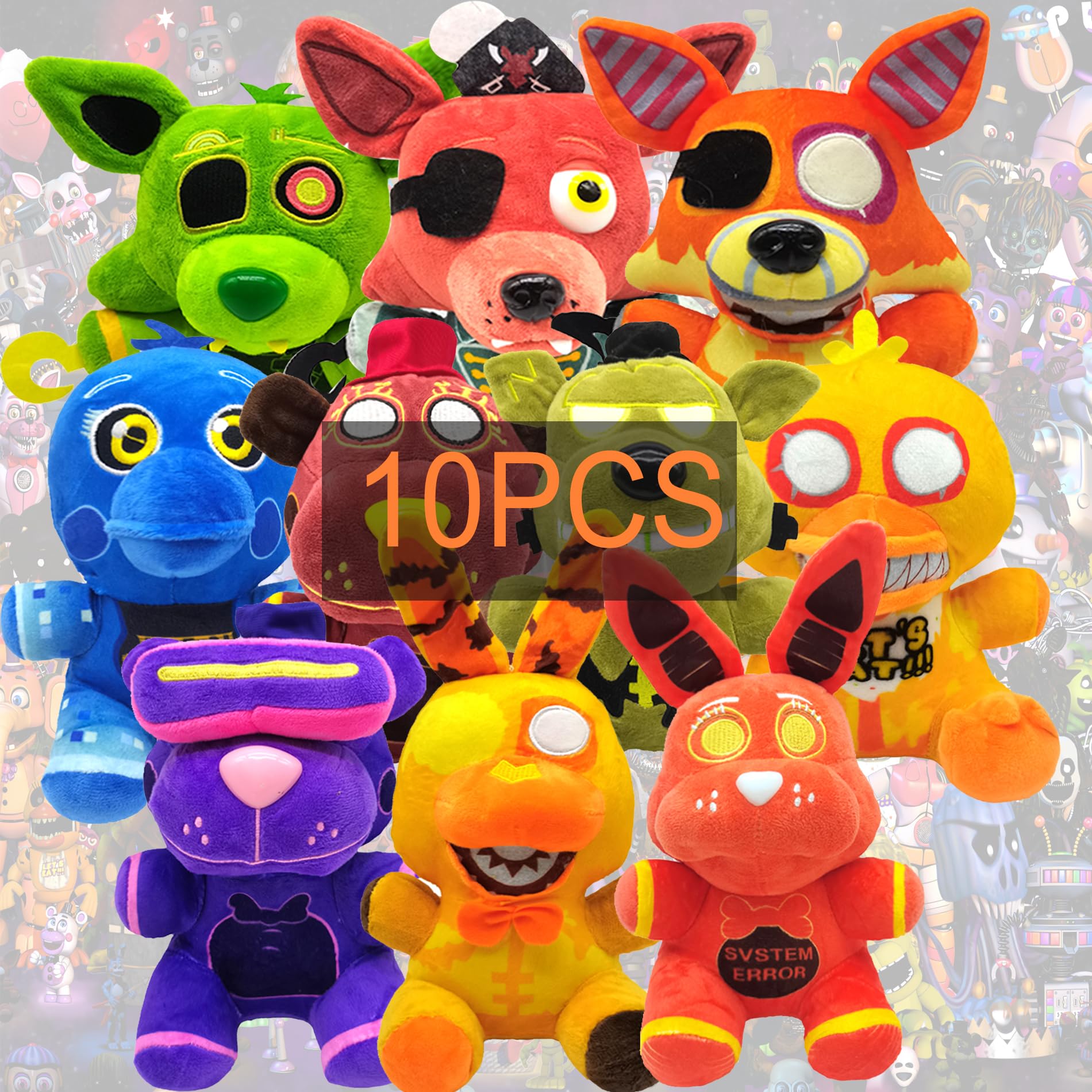 FNNF Plush Toy Doll,10PCS Anime Five-N-Freddly's Cartoon Cute Character Soft Doll for Kids (10pcs FNNF)