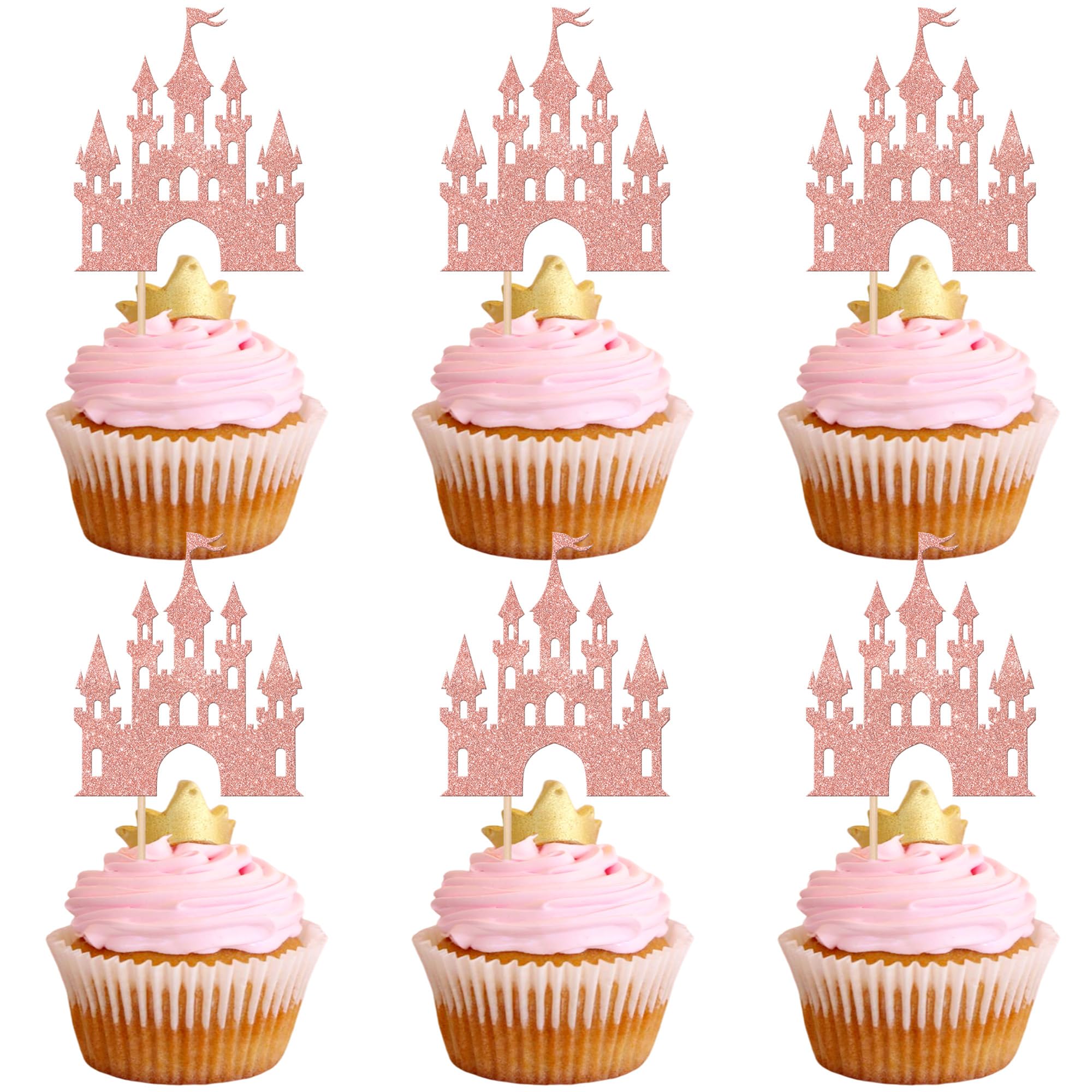Xsstarmi 24 Pack Castle Theme Cupcake Toppers Glitter Queen Princess Castle Cupcake Picks Queen Princess Birthday Cake Decorations for Baby Shower Wedding Birthday Party Supplies Rose Gold