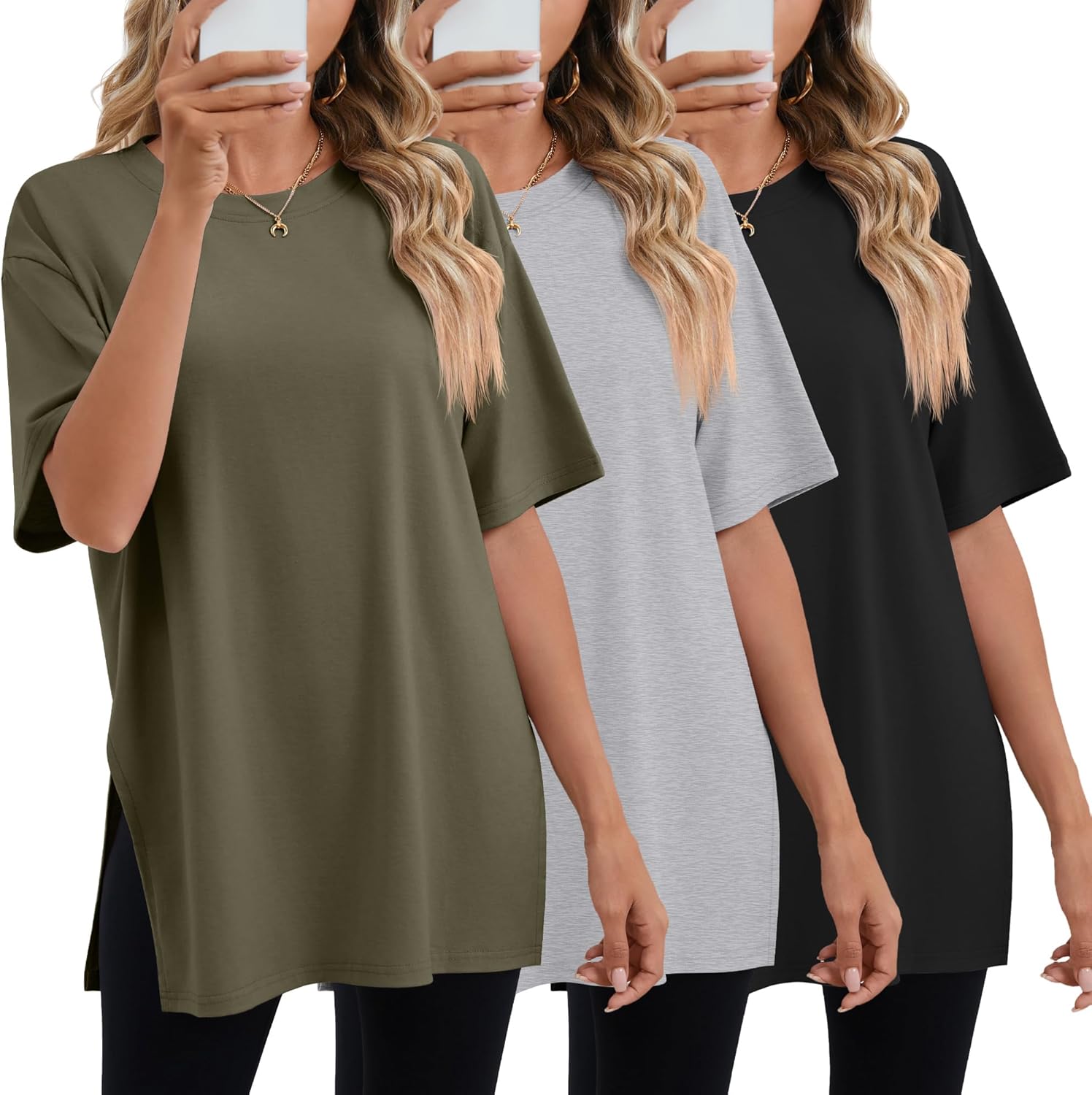 Huukeay 3 Pack Women's Oversized Gym T Shirts Short Sleeve Side Split Crewneck Tops Casual Summer Workout Baggy Basic Tee