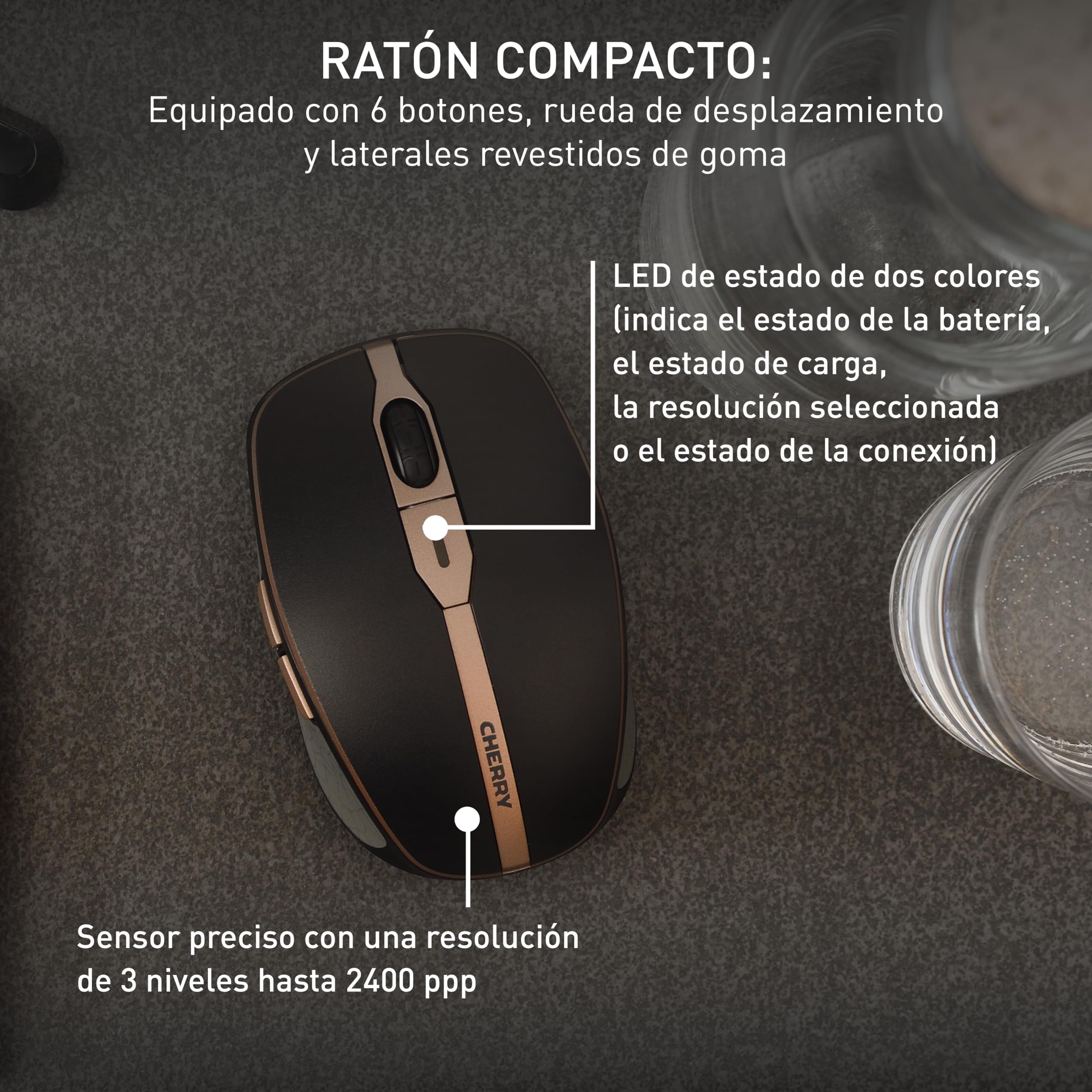 Cherry DW 9100 Slim, Pack de Teclado y Ratón Inalámbricos, Distribución de Teclado Español (QWERTY), Bluetooth y Radiofrecuencia de 2,4 GHz, Teclas Silenciosas, Recargable, Negro/Bronce