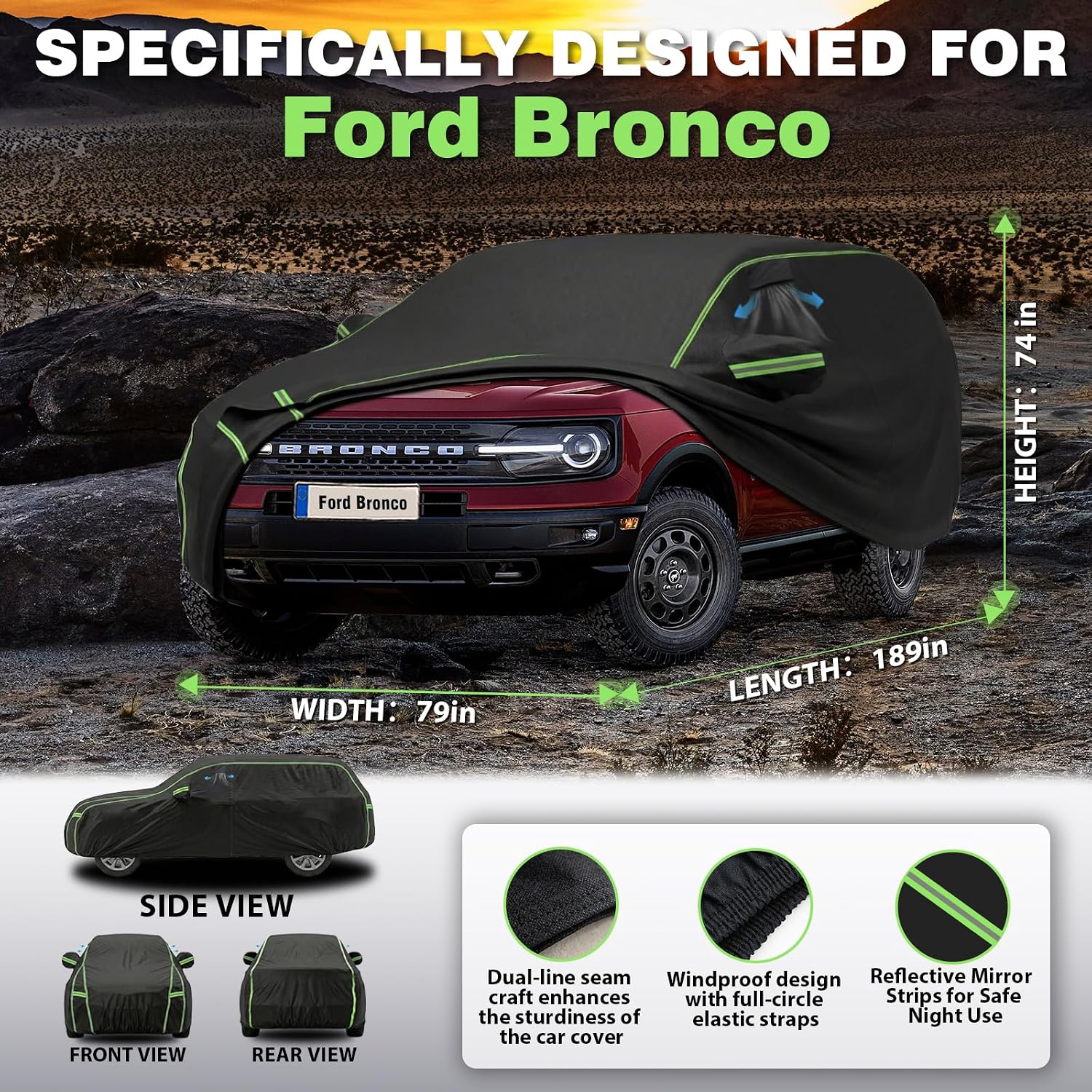 Heavy Duty Waterproof Car Cover Custom Fit for Ford Bronco 4 Door 2020-2026 – Outdoor Full Vehicle Cover, Breathable Air Vents, Driver Zipper Door, Cotton Lined – Bonus Windshield Sunshade
