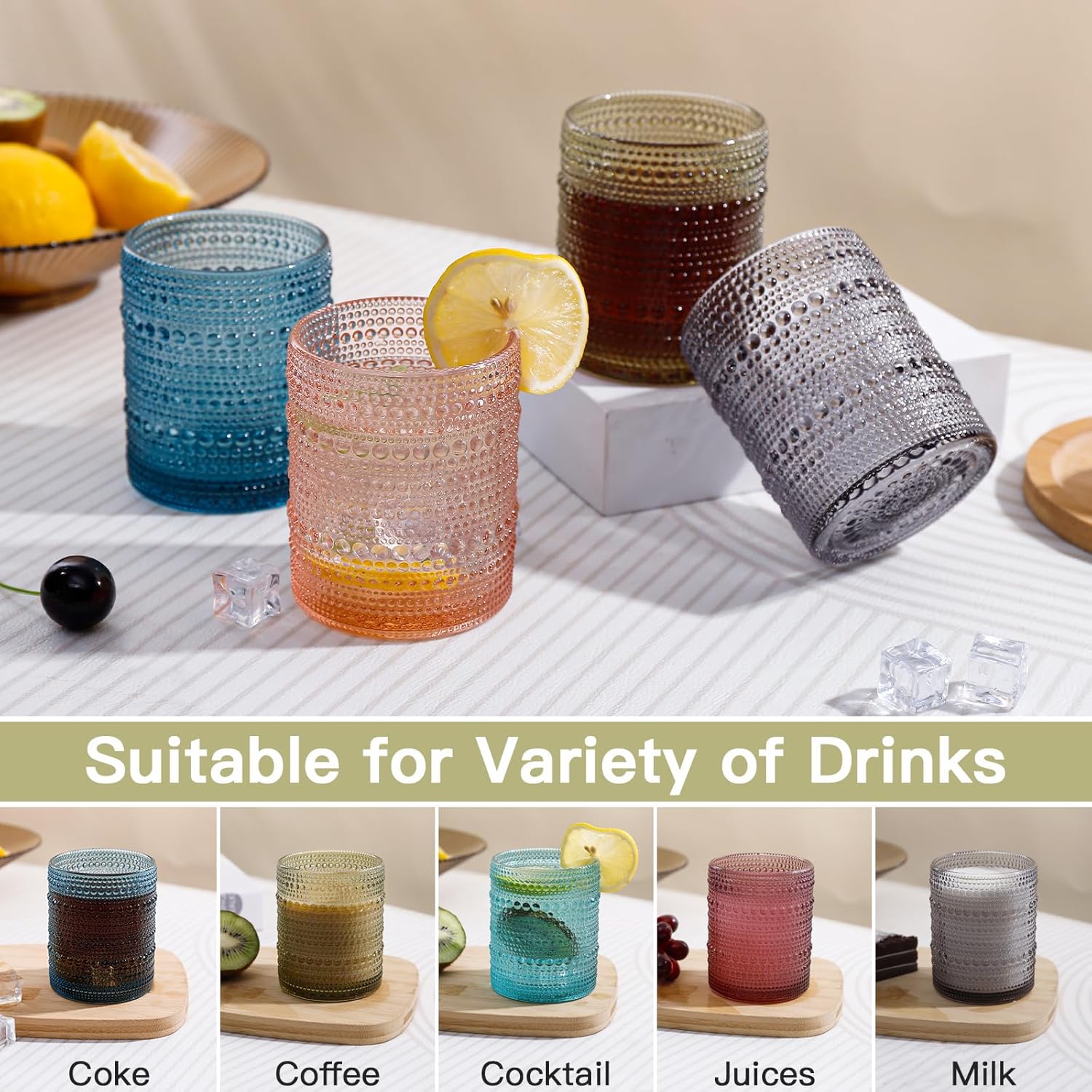 Colored Vintage Hobnail Drinking Glasses Set of 6, Embossed Water Tumbler 12oz, Kitchen & Bar Beaded Glass Cups, Beverage Glass Cups for Water, Beer, Juice, Christmas and New Year gifts - Image 5