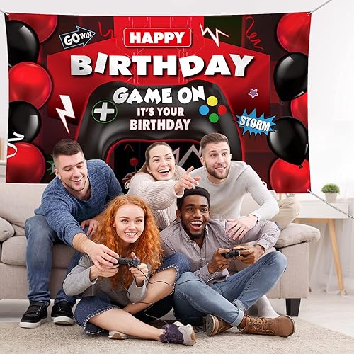 Miniatura 5 de Sumind Telón de fondo de videojuegos de feliz cumpleaños, decoración de fiesta de videojuegos, telón de fondo de cumpleaños para niños, fondo de