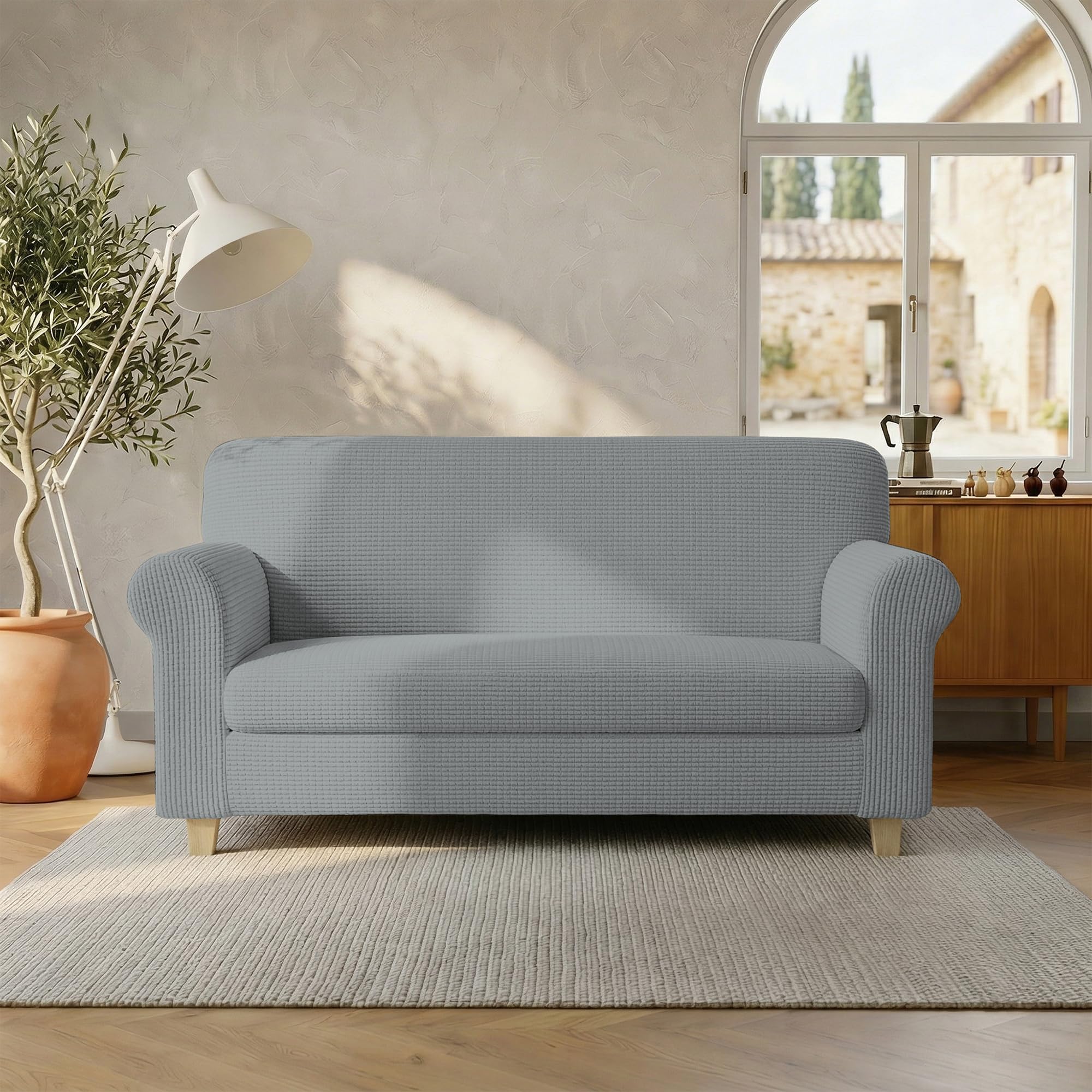 Italian Bed Linen LESLIE Elastic and Extendable Sofa Cover, Light Grey 2 Seater