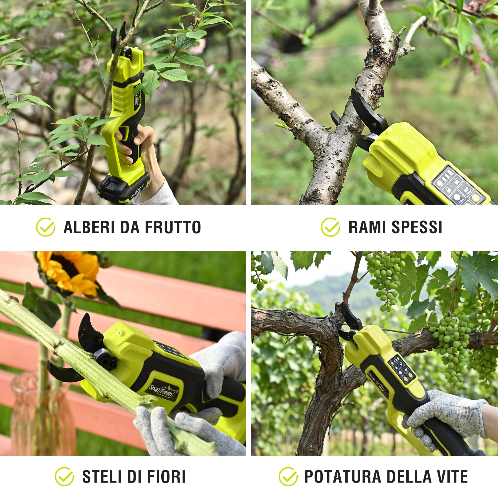 SnapFresh Forbici Potatura a Batteria Brushless, Diametro di Taglio Max 40 mm, Cesoie Elettriche con Batteria 2,0 Ah e Caricatore, Lama SK5 Senza Fili per Rami, Arbusti e Tronchi