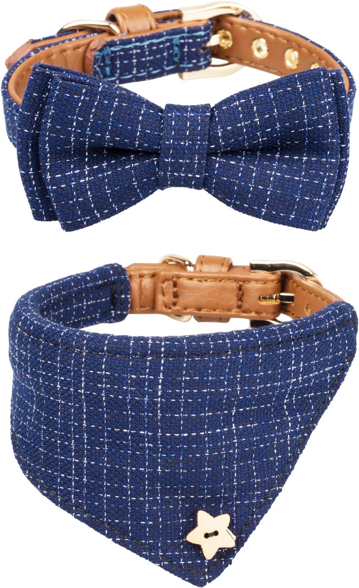 Small Dog Collar Set, 2Pcs Puppy Cat Collar with Bow Tie & Bandana, Durable PU Leather Canvas Tiny Pet Scarf for Small Breed Pets Blue Classic