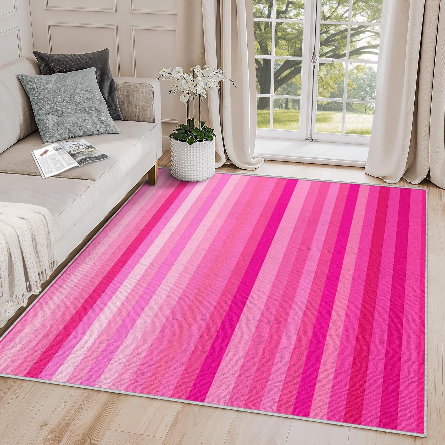 Tapis moderne à rayures roses lavable et antidérapant pour un entretien simple et sécurisé
