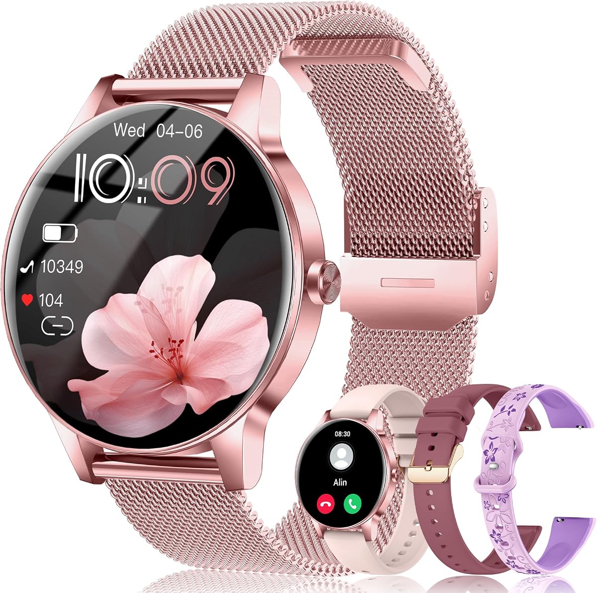 Smart Watches for Women, 1.27'' TFT Fitness Watch With Bluetooth Answer/Make Call,24H Heart Rate/SpO2/Sleep Monitor/Menstrual Cycle/120+ Sports Fitness Tracker for iPhone Android iOS(4 Straps,Pink)